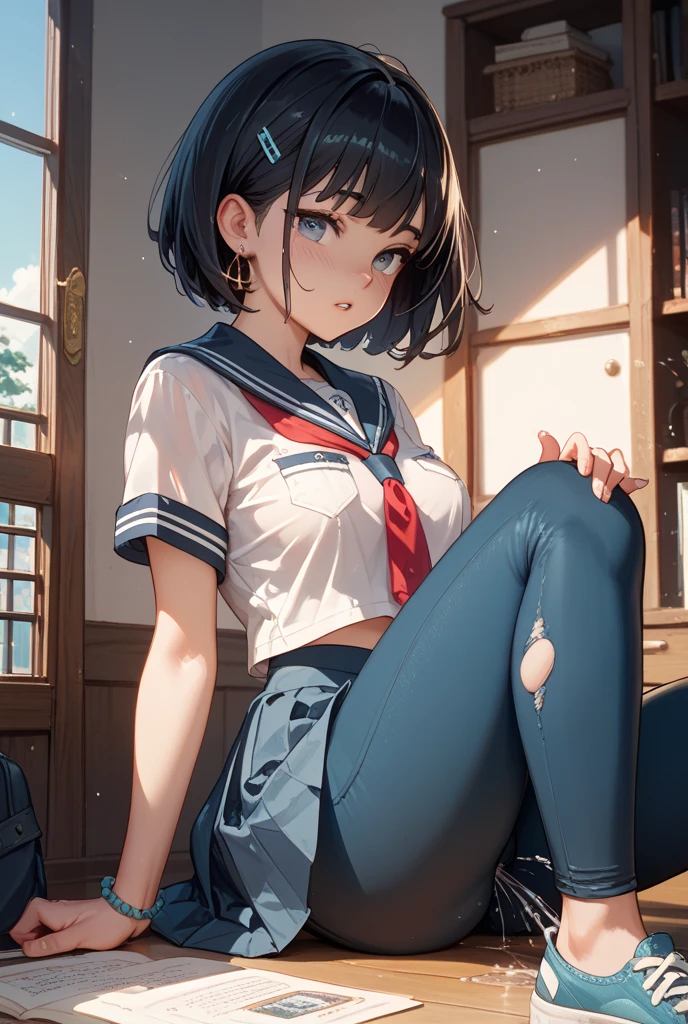 The ultra -The high-definition、high-level image quality、top-quality、Full feet and hands、complete fingers、hi-school girl、1 persons、ssmile、Bery short hair、Sukusui、School swim wear、knee high、Classroom
