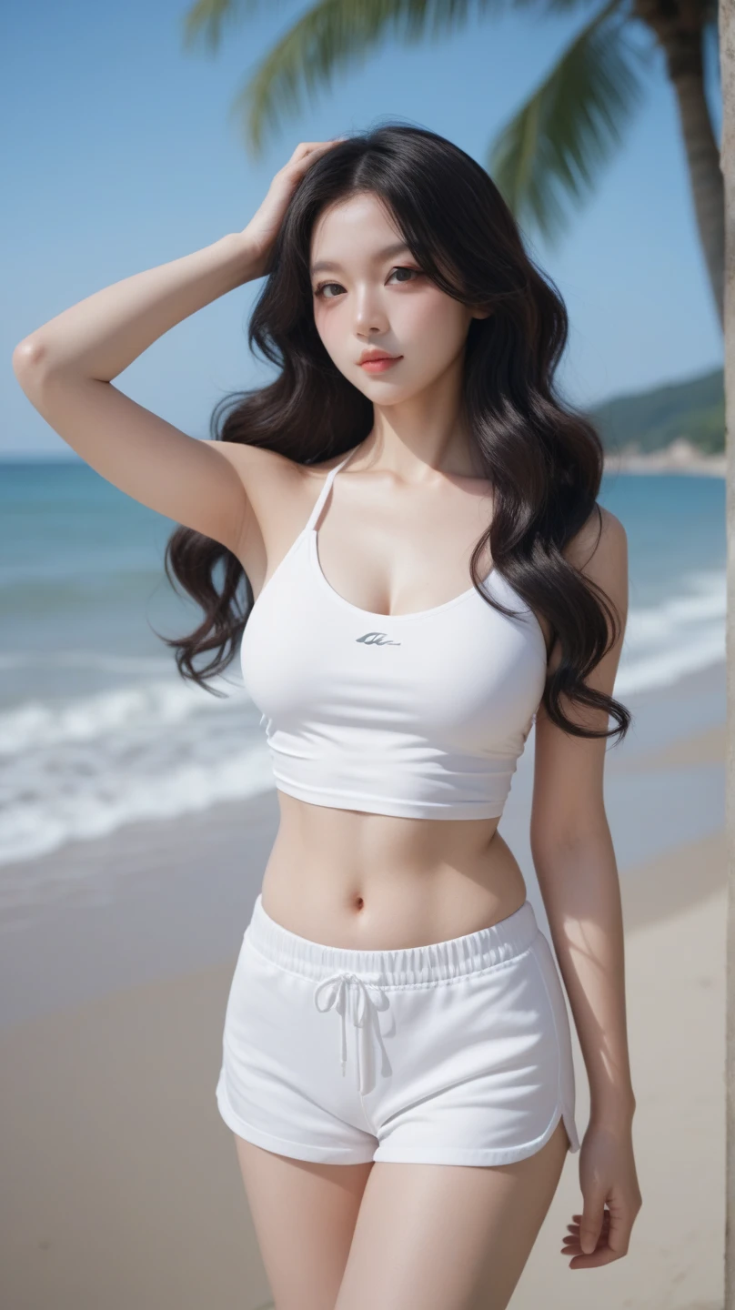 (logo、masterpiece、8k、Tabletop、RAW Photos、wonderful、最high quality、Photorealistic and Very detailed CG integrated 8k wallpaper、high quality、Very detailed、Narrative poem、Particle Effects、Dynamic Effects、Written boundary depth、Cinematic Light、Lens flare、Ray Tracing)、Fantasy、 (One beautiful woman、White pants、White T-shirt、White tube top、White crop top、Black-haired、Beautiful Face、True Face、Beautiful details、eye、Beautiful Skin、Ultimate Body、glamorous)、私の髪はWindに舞う、Hair flutters in Wind、Hair bounces、Seaside、wonderful景色、Coastal、sunrise、Sun in the background、Wind、Beach