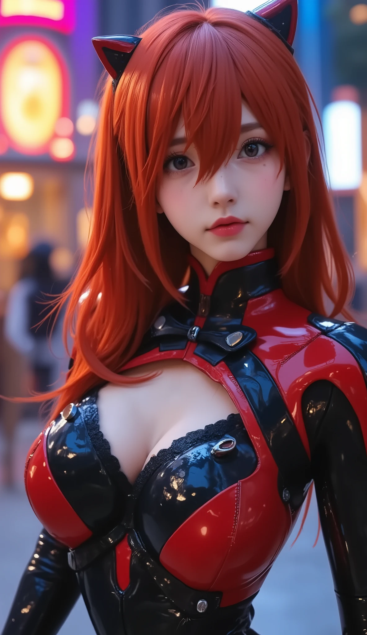 Street fashion in 3025, ((Evangelion, Asuka Langley)),1 girl,solo,,Cowboy Shots, ,,, score_9,score_8_up,score_7_up,,8k,1 girl to improve Sa,solo, erotic, big breasts, nipples