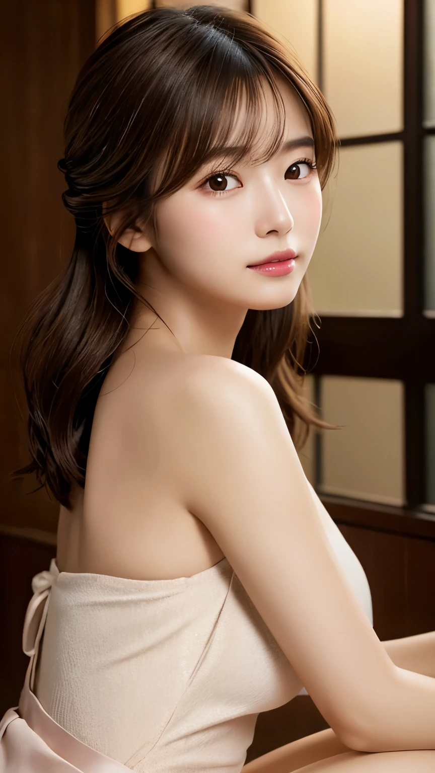 ((highest quality, 8K, masterpiece :1.3)), (realistic, Photoreal:1.4), sharp focus:1.2,
Bright colors, professional level, shallow depth of field,
20-year-old, (Half Japanese and half German woman), 1 person, A beautiful face with intelligence,
Supple body :1.3, model body shape:1.5, 頭w:1.4, perfect style:1.4,
narrow shoulders, beautiful clavicle, long and thin legs, The beauty of slim abs :1.2, thin waist :1.2,
super detailed skin, Fair skin, Shiny skin,
super detailed face, slim facial contour, beautiful small face, Beautiful lined nose,
super detailed eyes, long slit eyes, brown eyes, double eyelid, beautiful thin eyebrows, fine long eyelashes,
super detailed lips, plump lips, glossy pink lips, flushed cheeks, beautiful teeth,
Beautiful actress's ennui makeup, pink lipstick, silver necklace, earrings,
light brown hair, delicate soft hair,
(hair up, ponytail :1.2), layer cut, (dull bangs:1.2),
(Dress up with trendy fashion:1.2),
gentle smile, open mouth half way, Enchanted expression, stare at the camera,
(Full body image from the waist), dynamic lighting,
((She is completely naked and wearing a thin tank top.)),
(perfect breast shape, B cup:1.2), A small pink areola,
She has a cute plump butt, My thighs are dazzling,
(View from the side, pay attention to the breasts:1.5),