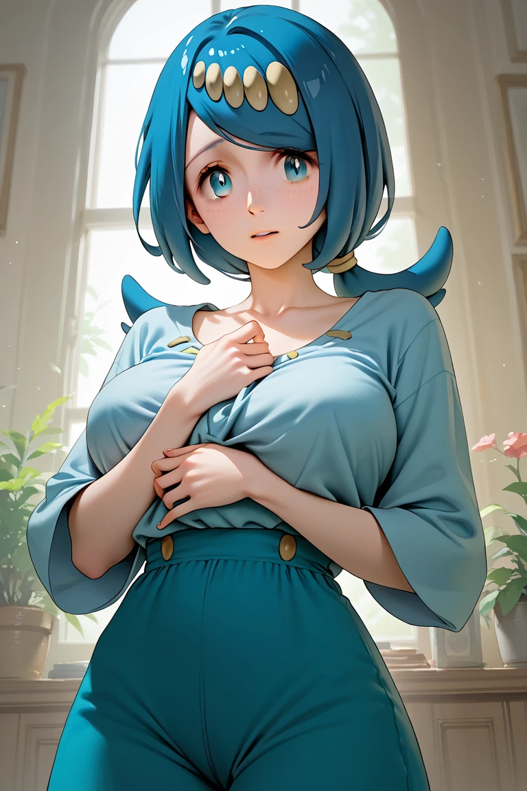 retro artstyle、watercolor paiting、(masterpiece、8k wallpaper、top-quality)、(The best lighting、Best Shadow Very delicate and beautiful)、ultra-detailliert、intricate detailes、colourfull、Rich colors、 upperbody shot、side lights、vanishing point、globalillumination、Near and far law、dynamicposes、dynamic ungle、 1 girl in、独奏、(Full lips:0.8)、cute little、Beautuful Women、 Emi,Best Quality,high-level image quality,A smile,red blush,Magical Emi、Studio Clown、1980s \(Style\), 1girl in, (((Overflowing super big breasts:1.5))),(((white sheer sleeveless shirt with collar:1.5))),Purple pantyhose,black leather bikini pants,Traditional Media 、Summer, Sea, Tropical islands、Resort、sand beach