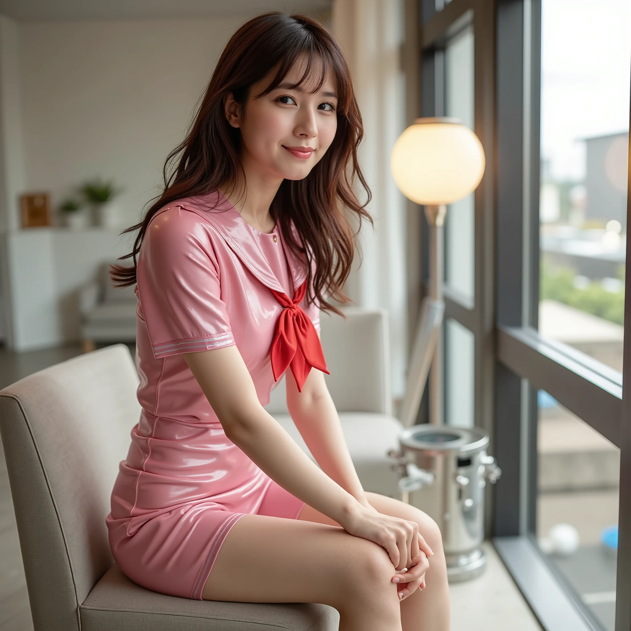 8k、ultra high resolution、Shiny latex sailor suit、(((Transparent Pink Latex Sailor Suit)))、long hair 、Japanese Top Idol, beautiful woman in silya room、latex suit where you can see your body lines、Big Cleavage, full body, sits on the desk, (( super tight outfit that fits her skin :1.8), BREAK,
(Ultra-detailed:1.30), (absurdres:1.30), (ultra realistic portrait photo:1.25), (Ultra detailed and clear focus:1.20), (female in the center of the image:1.5), (Studio lighting that illuminates the entire person:1.10), (Taken on a sunny day:1.5), BREAK,
(Ultra-detailed beautiful Japanese female idol:1.10), (Ultra-detailed beautiful slender and glamor:1.9), (Perfect anatomy:1.15)), (Cute smile:1.3), (Ultra-detailed big eyes, double eyelids), BREAK,
((Ultra-detailed upturned beautiful breasts, F-cup breasts with deep cleavage:1.5)), Deep V-neck, ((Super skin tight outfit:1.8), BREAK,
(Ultra-detailed finely textured shiny oily skin:1.5), (Glossy skin), ((Ponytail, asymmetrical bangs, ultra-detailed beautifully shiny hair:1.5)), (Light brown hair), BREAK,
(Full body photography:1.5), dynamic angle, golden ratio, BREAK