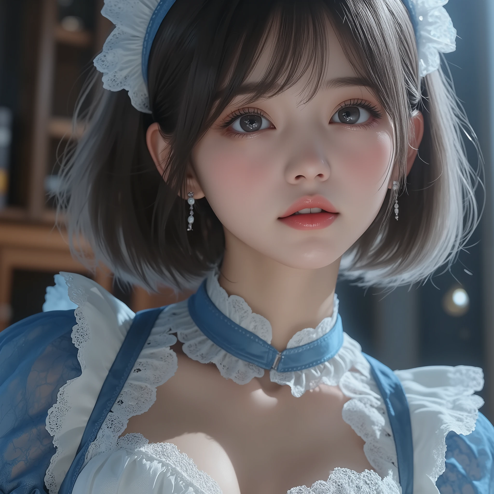 8k,ultra high resolution , best quality, masterpiece,rule of thirds,golden ratio,surreal,pictures, one woman,( girl:1.3),cute,cute顔, Beautiful Eyes in Every Detail , 細かくdetails,mature woman,princess,Full body,black hair,Short Bob,ID photo, luxurious and beautiful ,(The famous Japanese idol girl),Booties,(((detailed blue and white Edwardian maid outfit 10.0)))(((luxury Edwardian maid costume)))(((girl in a blue and Edwardian maid costume))),(((smile with raised corners of mouth))),((((Dynamic Dressed Nipple Massage 5.0))),(((dress up in a charming chest 5.0))),((( dynamic posing)))(((smile with raised corners of mouth))), very delicate expression , delicate eye description,healthy body, ((Female 1)), height 160cm ,( thin waist:1.4)、( Beautiful :1.4), pink lips,Profile ,((( ideal figure))),Small A Cup Bust :2, portraits:2、 完璧な解剖学 、鮮明な details、 details,thin lips,Perfect and beautiful face ,完璧でcute顔, Meticulous Skin , perfect limb that wraps around the body,thin waist, surreal,Light and Dark,fashion magazine cover,stage lights