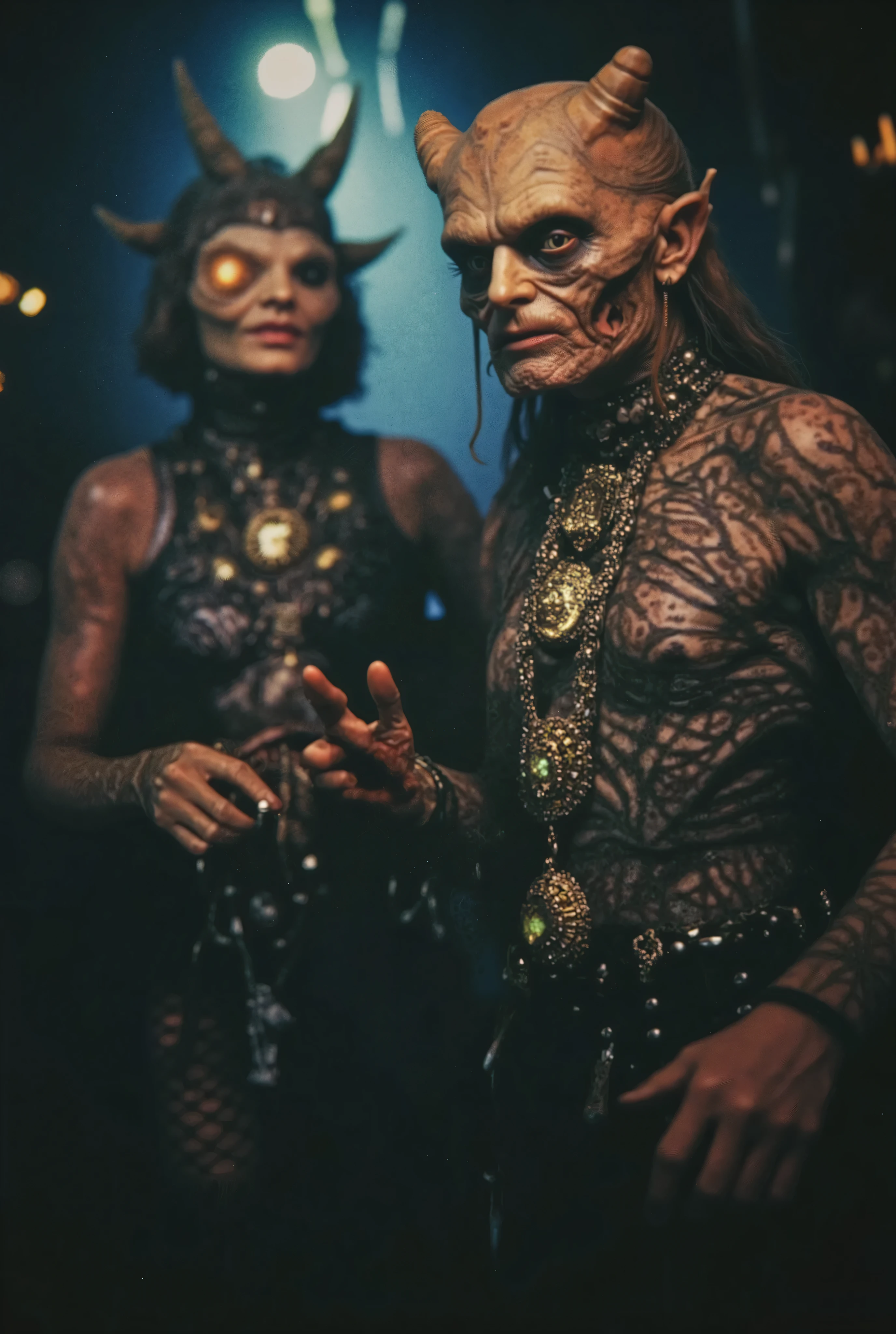Pair of human animals, posing in front of the camera at a satanic event. very sinister and disturbing. Hyperrealism. necklace trio. 8K. surrealism.