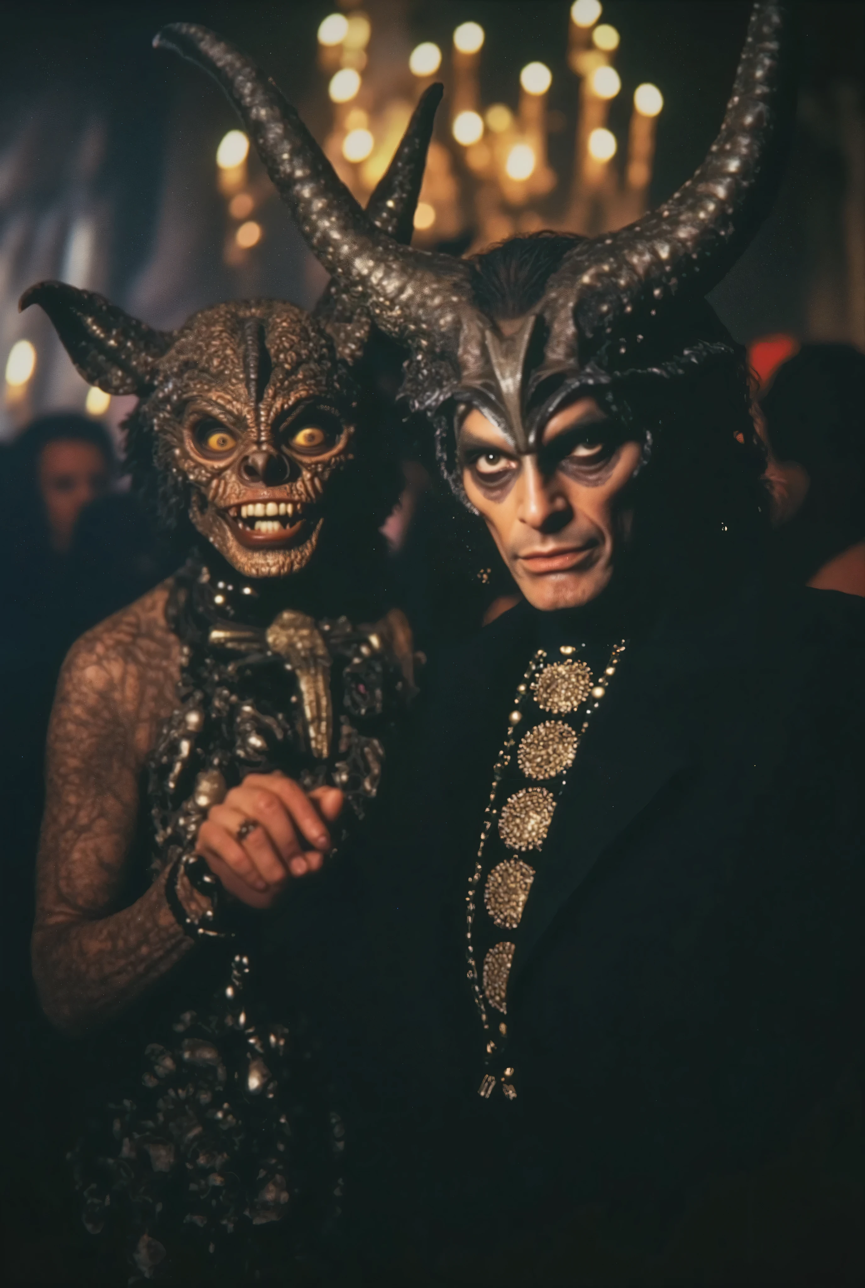 Pair of human animals, posing in front of the camera at a satanic event. very sinister and disturbing. Hyperrealism. necklace trio. 8K. surrealism.