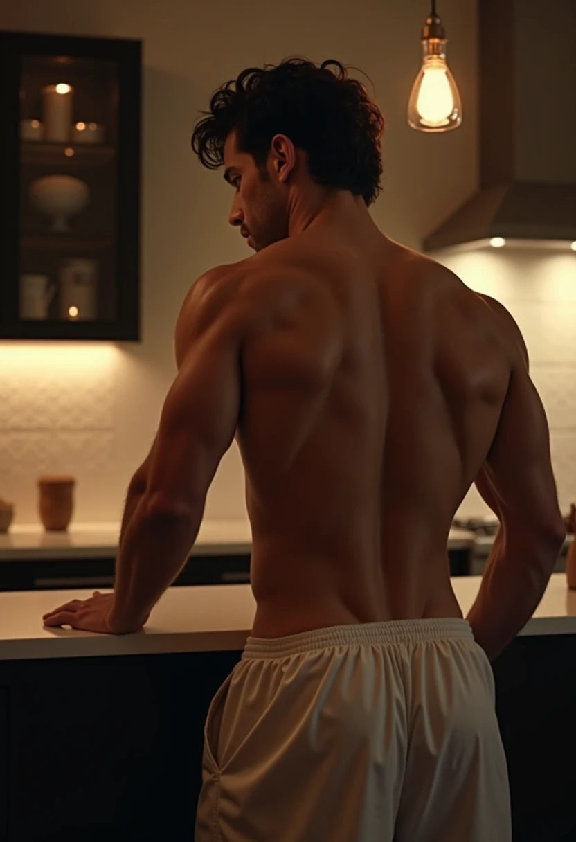 There are two men in a room with a towel, from the back, de costas viradas, Costas - Tiro, costas nuas, his back is turned, tiro traseiro, from the back, tiro pelas costas, tiro nas costas, Backview, seen from back, usando uma toalha, view of the back, crescimento total a partir das costas, tiro traseiro