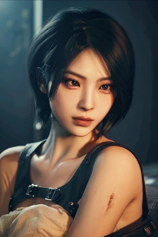 (masterpiece), (Highest image quality), 8K resolution, Super detailed, Super detailed, realism, realism,Tifa Lockhart、,short hair、dark brown hair、cool pose、Detailed beautiful eyes、Bust B Cup、、Slender body type、concrete wall、metal pipes