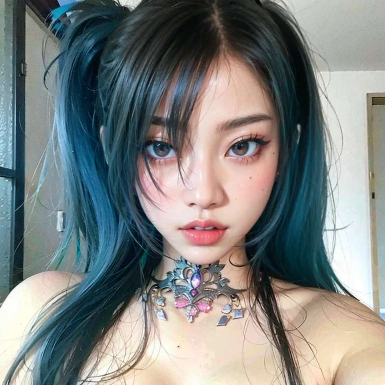 the best definition, Miku Hatsune, High Definition, kitsune ears, tribal tattoo, flirtatious girl, Small breasts add_detail, magician girl add_detail, sensual pose, spicy girl, expression of sarcasm puts his hands to his face with an expression of mischief add_detail, detailed pupils, deep blue color add_detail:1