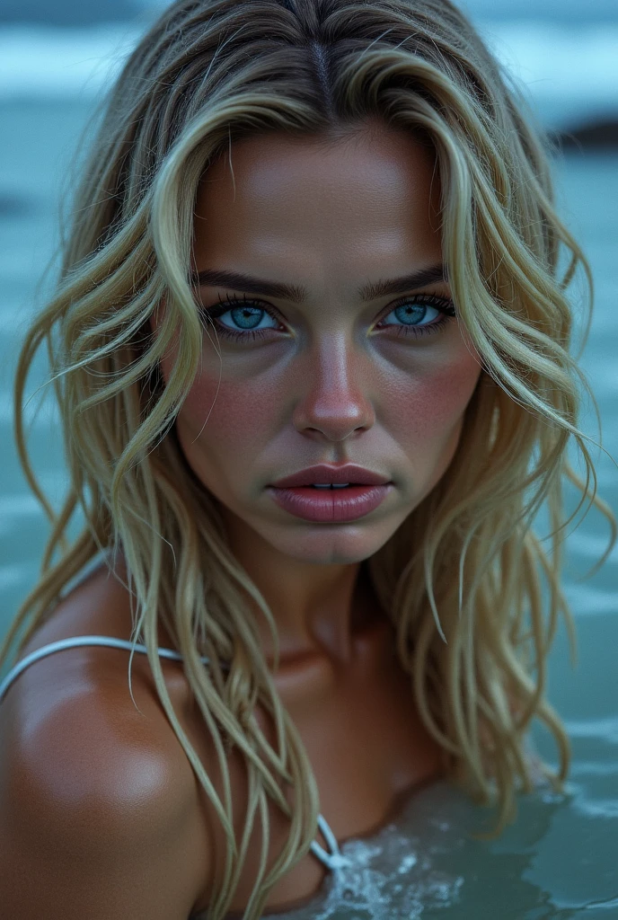 Create amazing image of actress Scarlett Johansson, blonde, with detailed eyes and shine, textured skin and pores, sweat body, busty, topless , detailed mouths, cinematic lighting, intricate, hyper realistic, high resolution, 4k, raw