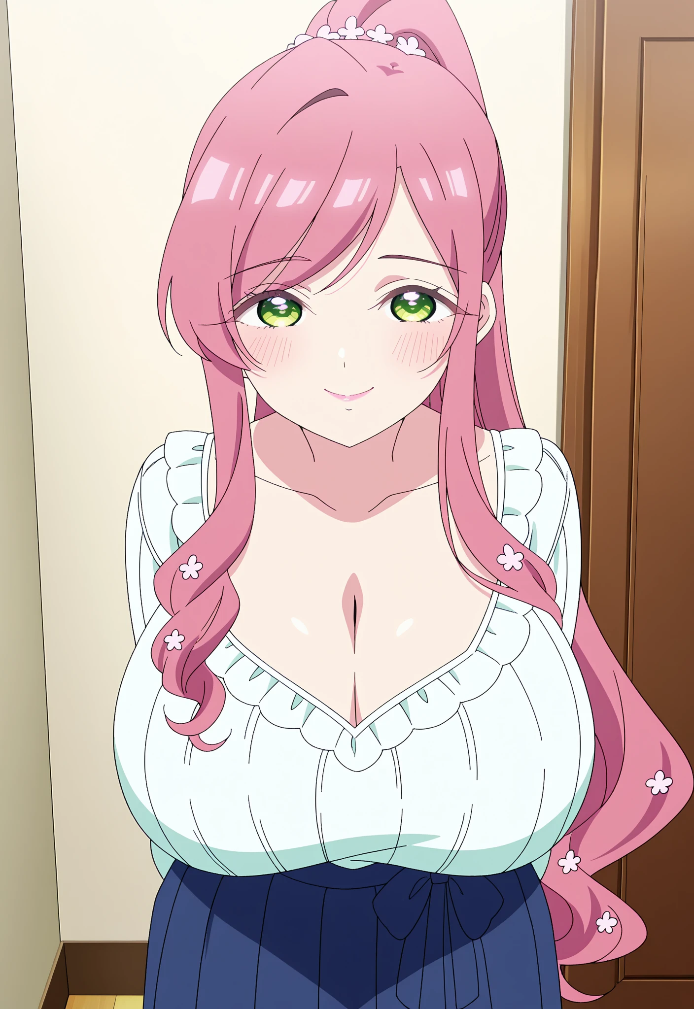 Bedroom,big bra,purple lingerie,deep cleavage,Pink Hair,long hair,Green eyes,Bangs,closed mouth,official art,8k UHD,beautiful skin,high res,ultra-detailed,absurdres,(Large breasts:1.5),Looking at Viewer,Standing,(((masterpiece))),((Best Quality)),Perfect Anatomy,8K UHD,extremely detailed face,gloss and shiny,((1girl)),((Solo)),(Beautiful detailed eyes:1.5),perfect Image,(Upper body:1.1),(Look at the front:1.1),Arms behind back,Slim waist,shiny skin,light smile,bedroom,