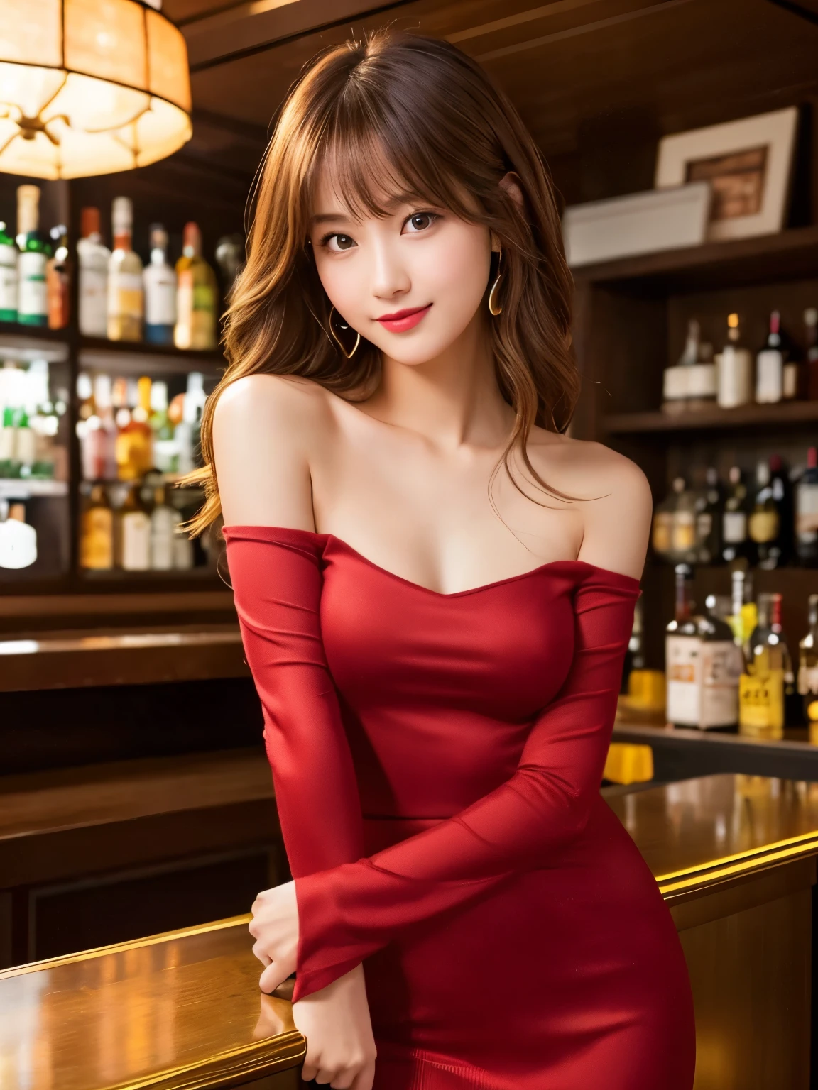 Highest quality、8k wallpaper、Reality:1.4、Photographed by a professional photographer、Cinema Lighting、View your viewers、background:Gorgeous bar lounge at night、1 beautiful girl、Japanese Idol、30 years old、Beautifully detailed eyes、Detailed face、Beautiful Skin、Slender、Slim waist、Thin legs、Red lipstick、Fancy hairstyle:1.8、Random hair color、Light Hair、The light hits her hair and it shines golden、Asymmetrical bangs、Off-the-shoulder dress、I can see your chest 、smile:1.eductive pose