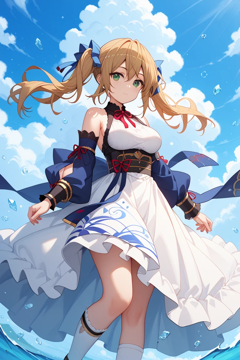 masterpiece, highest quality, 1 girl,barbara,have,Latin Cross,blonde hair, long hair,Double-tailed,twin drill, blue eyes,(((Hanfu))),(((indigo horseface dress))),removed sleeve, ,white pantyhose,The belt of these pants,gray background,exterior,blue sky,grassland,Dandelion