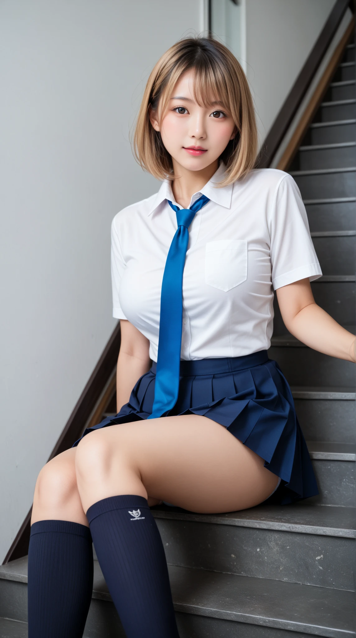 (NSFW:0.5),((skirt lift:1.3)),((Platinum Hair:1.15)),((panty shot:1.3)),Japan gal style makeup,gold necklace, gold bracelet, gold belt, {{Low-rise skirt with slit}}, plaid pleated skirt, {{{へそ length white shirt}}}, {{{{Shirt tied under the chest:1.3}}}}, socks, 1 girl,(highest quality,4k,8K,High resolution,masterpiece:1.2),1 beautiful woman,18-year-old,35mm lens,f/1,considerable breasts,soft sunlight,bright colors,playful expression