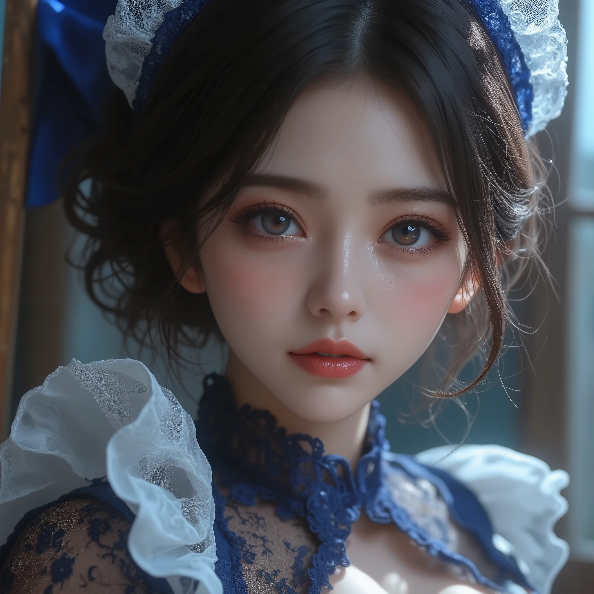 8k,ultra high resolution , best quality, masterpiece,rule of thirds,golden ratio,surreal,pictures, one woman,( girl:1.3),cute,cute顔, Beautiful Eyes in Every Detail , 細かくdetails,mature woman,princess,Full body,black hair,Short Loose curly hair,ID photo, luxurious and beautiful ,(The famous Japanese idol girl),Booties,(((detailed blue and white Edwardian maid outfit 10.0)))(((luxury Edwardian maid costume)))(((girl in a blue and Edwardian maid costume))),(((smile with raised corners of mouth))),((((Dynamic Dressed Nipple Massage 5.0))),(((dress up in a charming chest 5.0))),((( dynamic posing)))(((smile with raised corners of mouth))), very delicate expression , delicate eye description,healthy body, ((Female 1)), height 160cm ,( thin waist:1.4)、( Beautiful :1.4), pink lips,Profile ,((( ideal figure))),Small A Cup Bust :2, portraits:2、 完璧な解剖学 、鮮明な details、 details,thin lips,Perfect and beautiful face ,完璧でcute顔, Meticulous Skin , perfect limb that wraps around the body,thin waist, surreal,Light and Dark,fashion magazine cover,stage lights