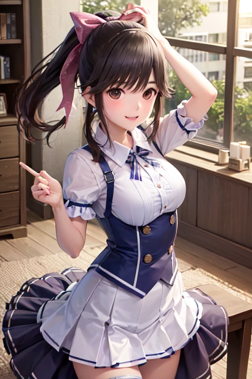 {8K Photo Quality:1.2}、{Ultra-high resolution photo quality:1.2}、{Super Real 1.2}、{Perfect limbs}、masutepiece、1womanl、Solo、White and Blue Companion Costume、falda corta、Puffy nipple、Event Hall、Chest Emphasis Pose、Shyness、Dynamic sexy poses、smil、Long Wave Hair、medium breast size、Stockings、