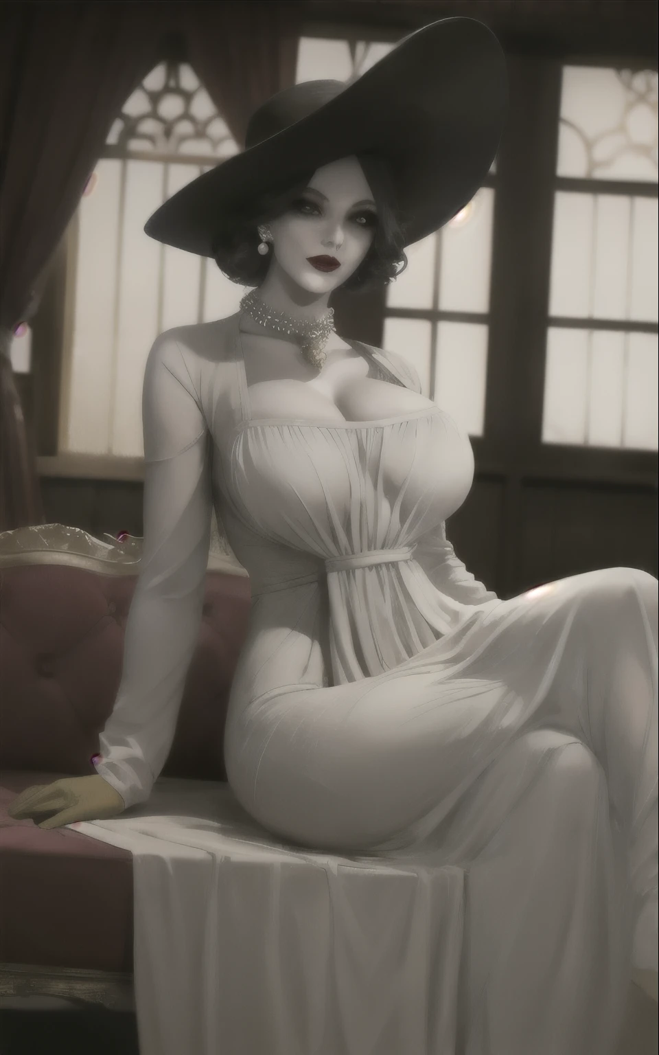 (masterpiece, better quality:1.4), Insaneres , extremely high resolution, Alone , looking at the spectator, BREAK SET _RevilVill_LadyDimitrescu_White dress_ownwaifu,
a chic, pale skin, (gray skin), colored skin, pearl collar, black hair, short hair, yellow eyes, colored sclera, mature female, large breasts, huge breasts, Tall woman, giant, giantess, Lips, collarbone, joyería, collar, earrings, Lipstick, make-up, breasts, red Lips,
neckline, White dress, has, sun has, black rose, black Gloves, Gloves, black cap, long dress, long sleeves,
((Sitting, Open your legs)), arms behind the back, sofa, window blind, indoors, , Depth of Field