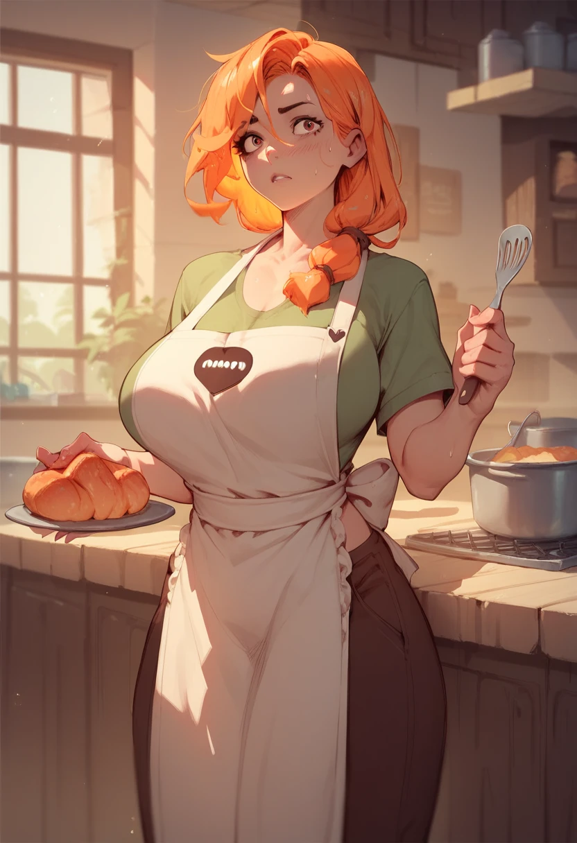 1 girl, a woman, Best quality, masterpiece, cowboy shot, orange hair, green eyes, thick fabric, home apron ((( huge artificial breasts:7.9 ))), standing behind the stove, home furnishings, sexy bit her lip, (((cooking)))