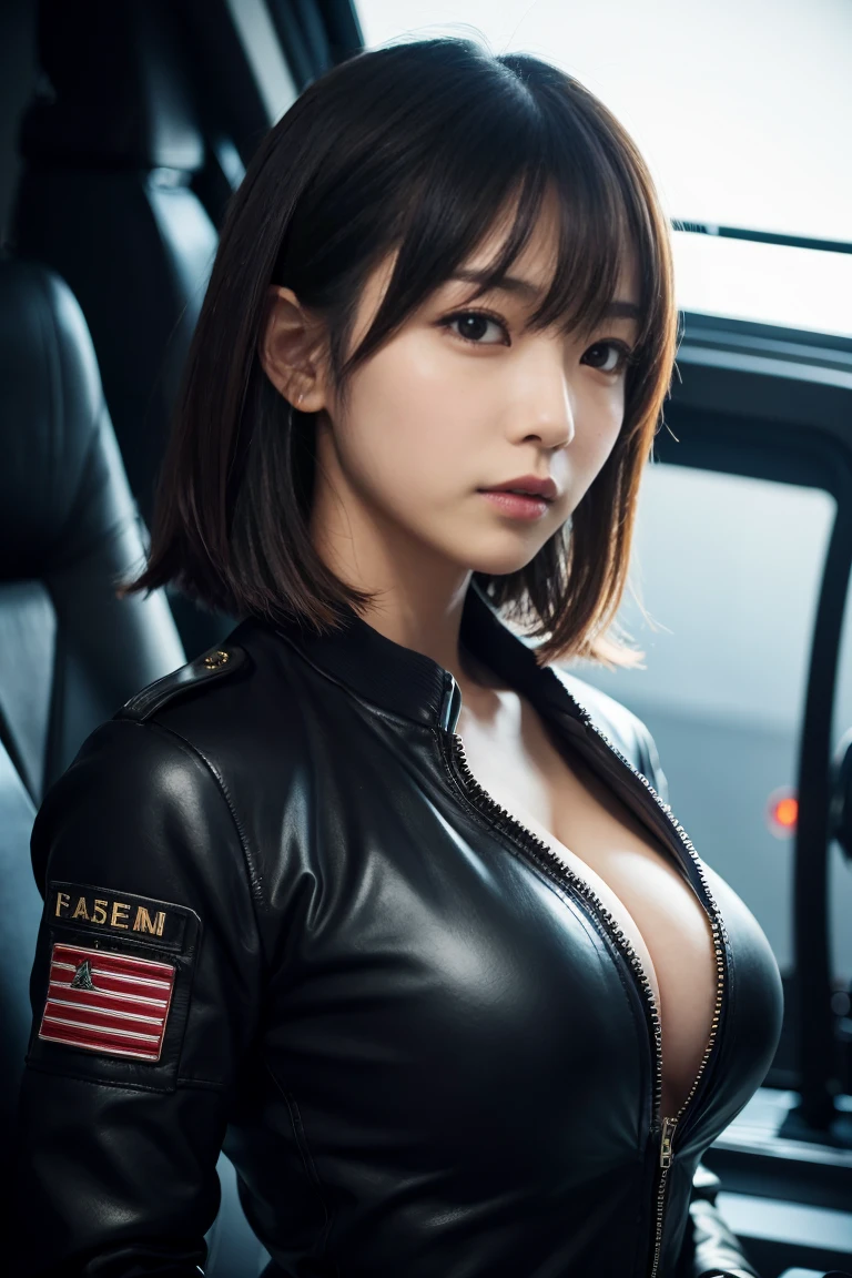 beautiful ((similar)) Lilith Building posing in (Dynamic pose) As a dieselpunk army officer in World War II, Wearing a black leather uniform that shows her cleavage、Wearing a leather military cap, Reference Photo, 最high quality, high quality, (Detailed face and eyes), dusk lighting,, Heavy makeup, Industrial, outdoor snow forest background ((close))
