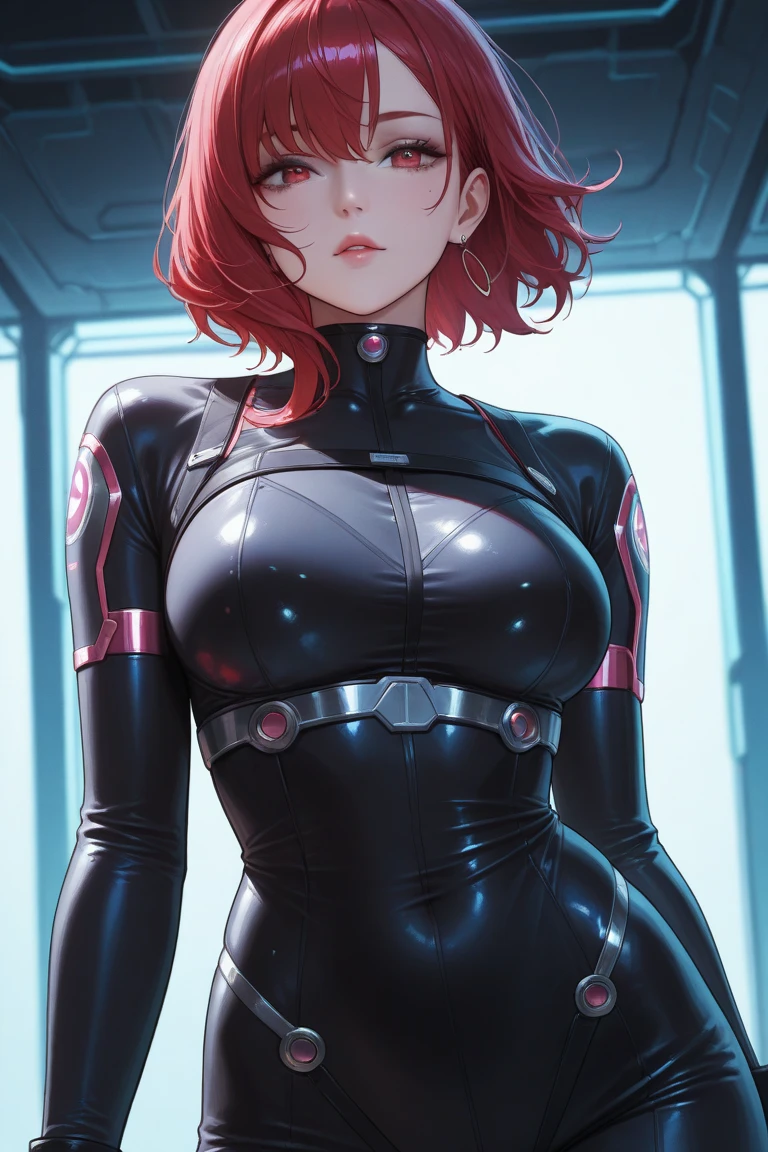 (high-level image quality), (high quality), (high resolution), (detailed), (masterpiece), beautiful woman, ((caucasian)), green eyes, red hair, short hair, dark red lipstick, busty, slender body, Detailed eyes, perfect eyes, Detailed face, sexy leather catsuit, looking to side, posing