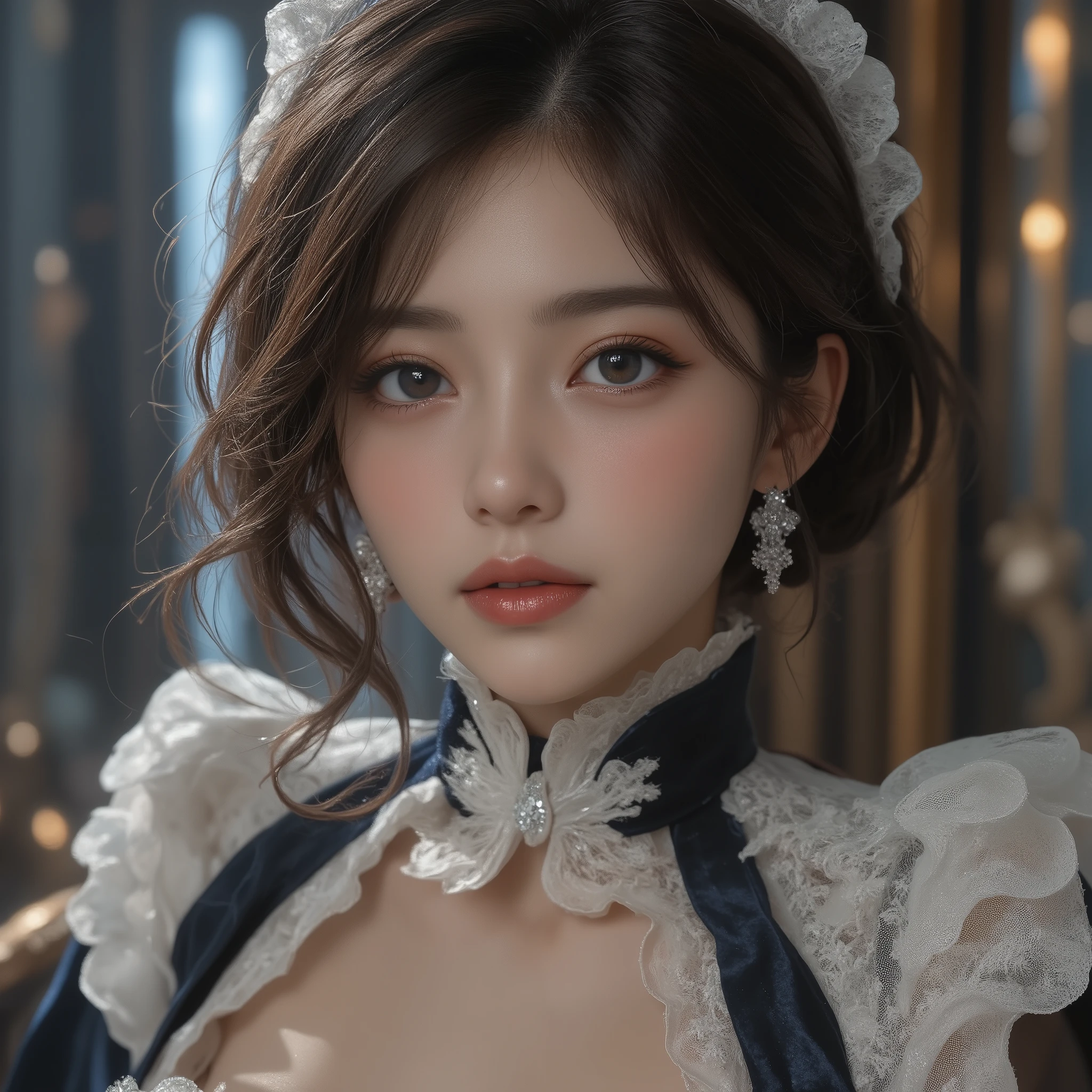 8k,ultra high resolution , best quality, masterpiece,rule of thirds,golden ratio,surreal,pictures, one woman,( girl:1.3),cute,cute顔, Beautiful Eyes in Every Detail , 細かくdetails,mature woman,princess,Full body,black hair,Short Loose curly hair,ID photo, luxurious and beautiful ,( famous Japanese idol girl),Booties,(((detailed blue and white Edwardian maid outfit 10.0)))(((luxury Edwardian maid costume)))(((girl in a blue and Edwardian maid costume))),(((smile with raised corners of mouth))),((((Dynamic Dressed Nipple Massage 5.0))),(((dress up in a charming chest 5.0))),((( dynamic posing)))(((smile with raised corners of mouth))), very delicate expression , delicate eye description,healthy body, ((Female 1)), height 160cm ,( thin waist:1.4)、( Beautiful :1.4), pink lips,Profile ,((( ideal figure))),Small A Cup Bust :2, portraits:2、 完璧な解剖学 、鮮明な details、 details,thin lips,Perfect and beautiful face ,完璧でcute顔, Meticulous Skin , perfect limb that wraps around the body,thin waist, surreal,Light and Dark,fashion magazine cover,stage lights