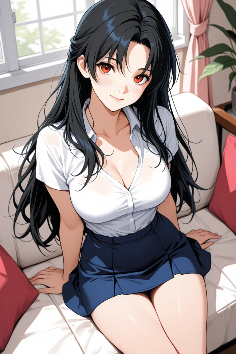 A Russian girl with white skin and long curly black hair with gray eyes with big breasts and wide hips sits with her legs open, Taking a realistic anime style photo in schoolgirl clothes