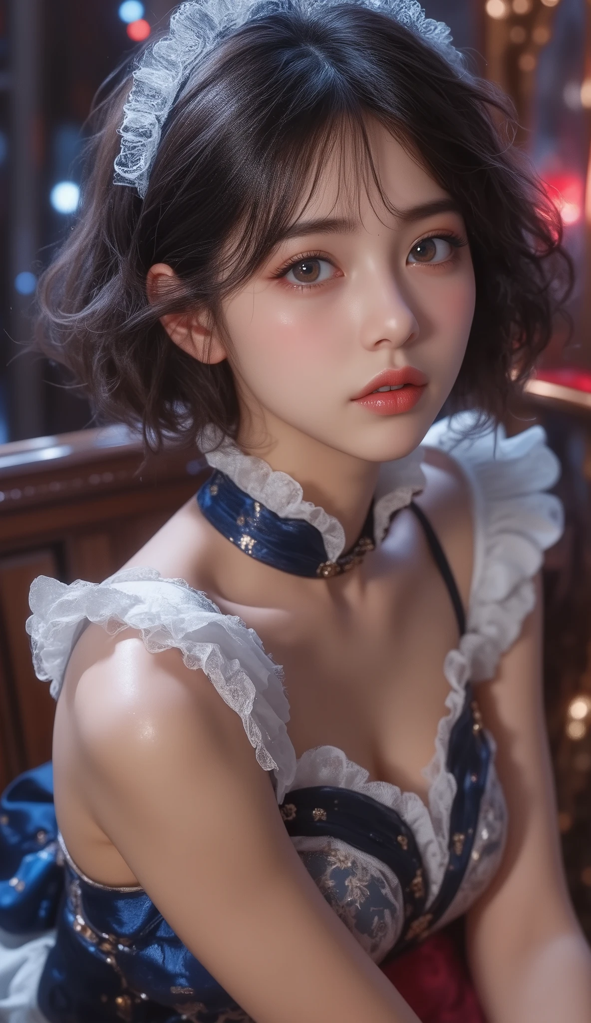 8k,ultra high resolution , best quality, masterpiece,rule of thirds,golden ratio,surreal,pictures, one woman,( girl:1.3),cute,cute顔, Beautiful Eyes in Every Detail , 細かくdetails,mature woman,princess,Full body,fully visible from head to foot in the frame,black hair,Short Loose curly hair,ID photo, luxurious and beautiful ,(The famous Japanese idol girl),Booties,(((detailed blue and white Edwardian maid outfit 10.0)))(((luxury Edwardian maid costume)))((( in a red and white Edwardian maid costume))),(((smile with raised corners of mouth))),((((Dynamic Dressed Nipple Massage 5.0))),((( dynamic posing)))(((smile with raised corners of mouth))), very delicate expression , delicate eye description,healthy body, ((Female 1)), height 160cm ,( thin waist:1.4)、( Beautiful :1.4), pink lips,Profile ,((( ideal figure))),Small A Cup Bust :2, portraits:2、 完璧な解剖学 、鮮明な details、 details,thin lips,Perfect and beautiful face ,完璧でcute顔, Meticulous Skin , perfect limb that wraps around the body,thin waist, surreal,Light and Dark,fashion magazine cover,stage lights