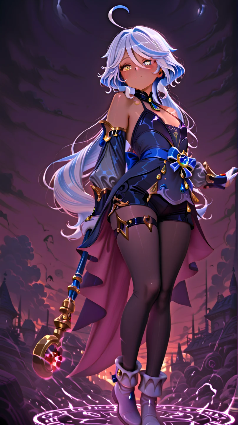 (masterpiece:1.2), (The best quality:1.2), perfect lighting, Dark Magician Girl casting a spell, in battle. floating in the air, visible medium tits, transparent neckline, blue robe, big hat, from above, Sparkles, Yugioh game, The magic of the heart. LIGHTS OF THE HEART, romantic heart. She wears heels. has heels. Wear heels