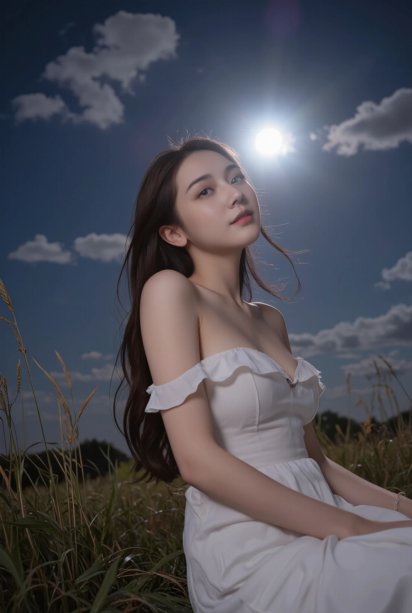 (logo、masterpiece、8k、Tabletop、RAW Photos、wonderful、最high quality、フォトリアルでVery detailedなCG合成8k壁紙、high quality、Very detailed、Narrative poem、Particle Effects、Dynamic Effects、Depth of the Boundary)What is written is、Cinematic Light、Lens flare、Ray Tracing)、Fantasy、(Purple Dress)、(night、night空、Starry Sky、full moon)、(Girl looking up at the sky)、sit、cute、Japanese style、 (smile)、Long Hair、Strong winds、(Hair blowing in the wind)、(White Dress)、Natural light、moonlight、(Horizontal photography)、(chest emphasis)、(Low position)、(Low - Angle)