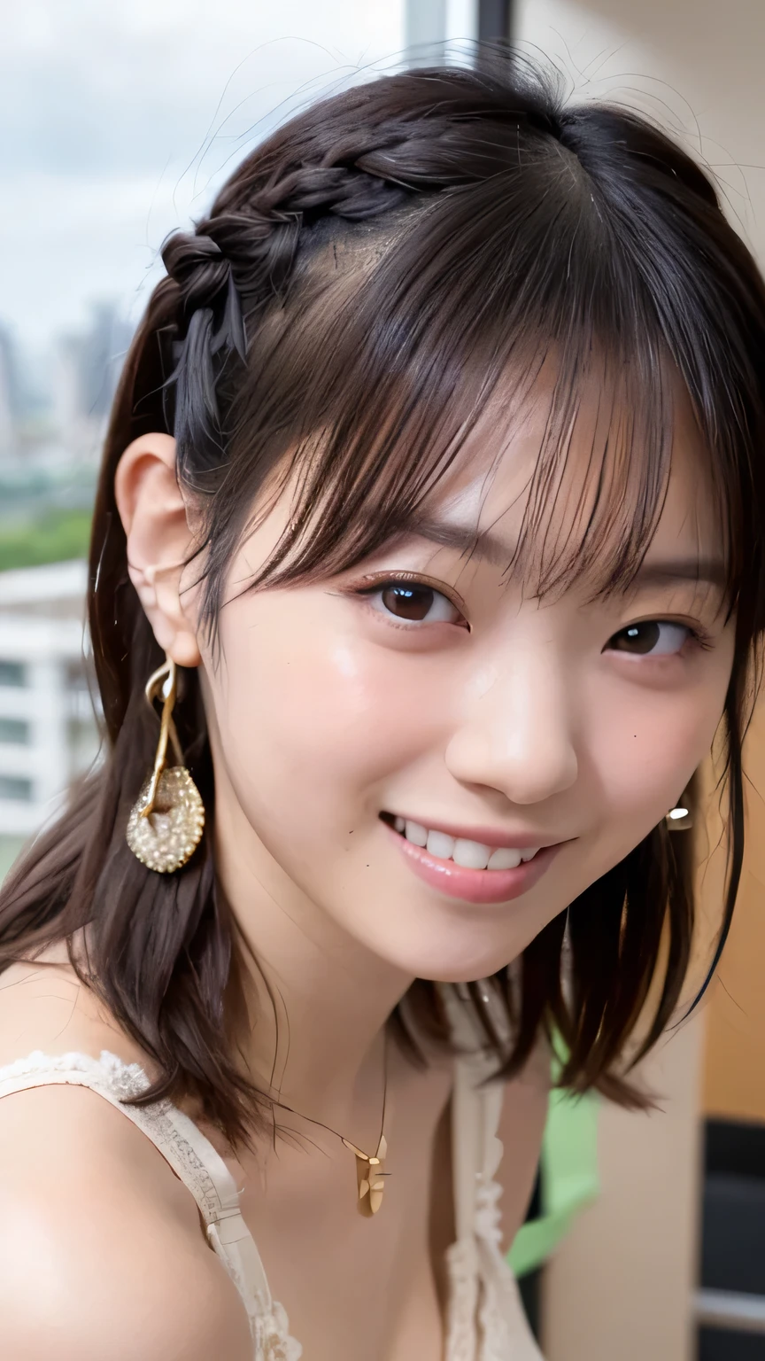 1 Japanese beauty , depth off field, first-person view, f/1.8, 135mm, Nikon, 超high definition, retina, masterpiece, accurate, anatomically correct, textured skin,Very white skin、 clear skin 、 Super Detail, high detail, high quality, Best Quality, high definition, 1080P, high definition, 8k, (big boob:1.2), (cleavage of boob:1.2)、Japanese beauty 1 person, (Big round eyes:1.4).(she has heterochromia, and her eyes are different colors, which makes her incredibly captivating)、(Drunken Blush Makeup)、round face、She is smiling very happily、INSANELY BEST SMILE、is smiling with her mouth open、Her front teeth are neatly arranged、cute little vampire fangs、(Braided Top Knot,twisted side part ponytail、Braided Headband,half up、Braided Space Bang,voluminous fishtail braid,Twisty Bang)、(She's wearing a sleeveless lace lingerie(beige))、office at sunset、She is sitting in a window seat、I can see a skyscraper city out the window