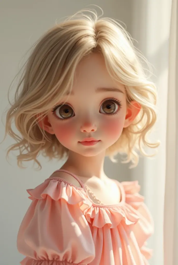 A with an angelic face and big honey-colored eyes, dark blonde curly hair, 5 years old, wearing a little blue dress.