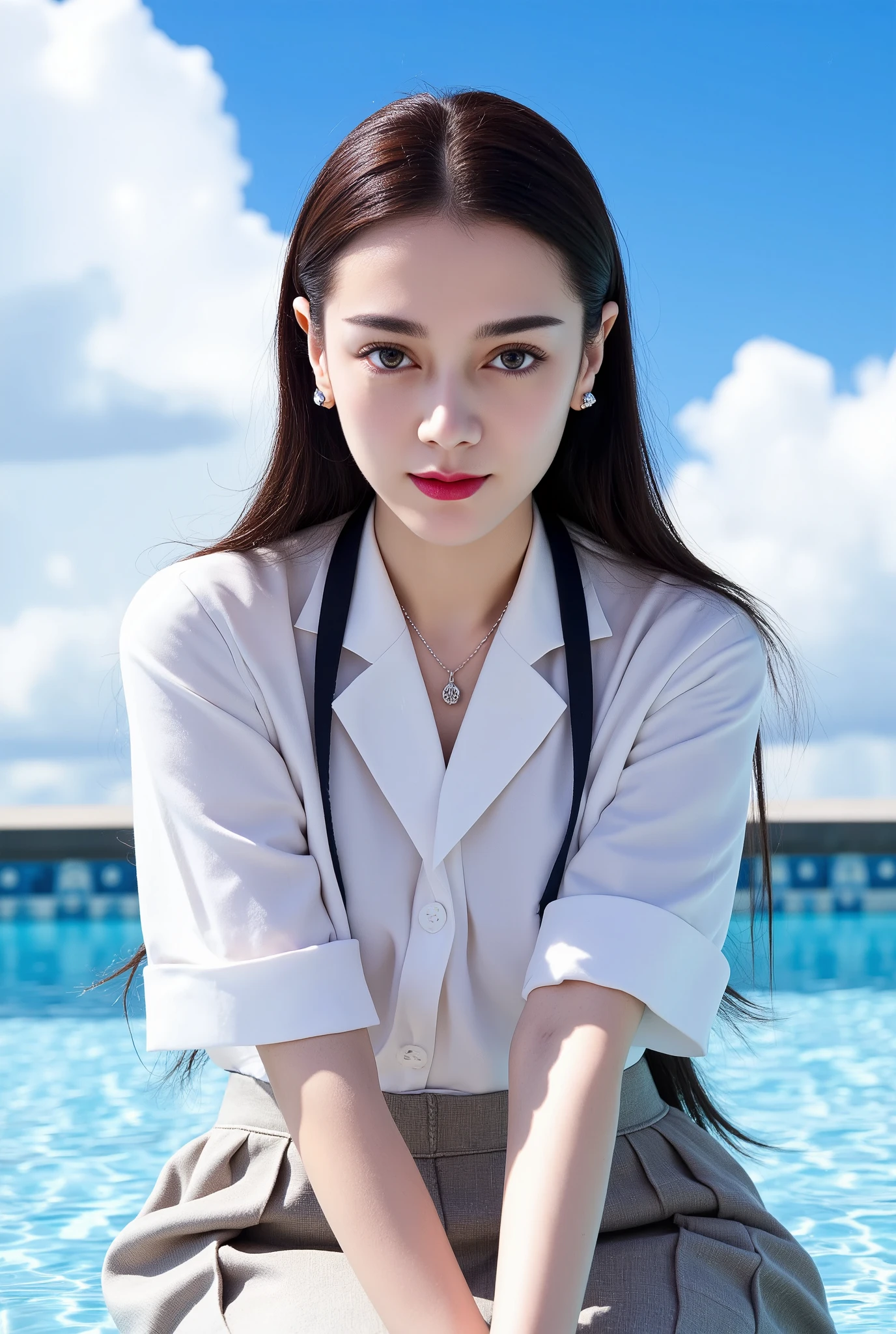 (best qualtiy, 8K, tmasterpiece:1.3)), A pretty maiden,Pure,Melon seed face,gentle and cute,A sweet smile,Pure desire,Thin stature,(frontage),(Tilt your head),staring right into camera,uniform, Obi, formal,Black silky long, Straight hair,Long hair flowing over the shoulders,round black big eyes,Clear big eyes,Hydrated red lips,Sweet,Beautiful necklace,Delicate stud earrings,Sit by the pool,with blue sky and white clouds,Blue skies,