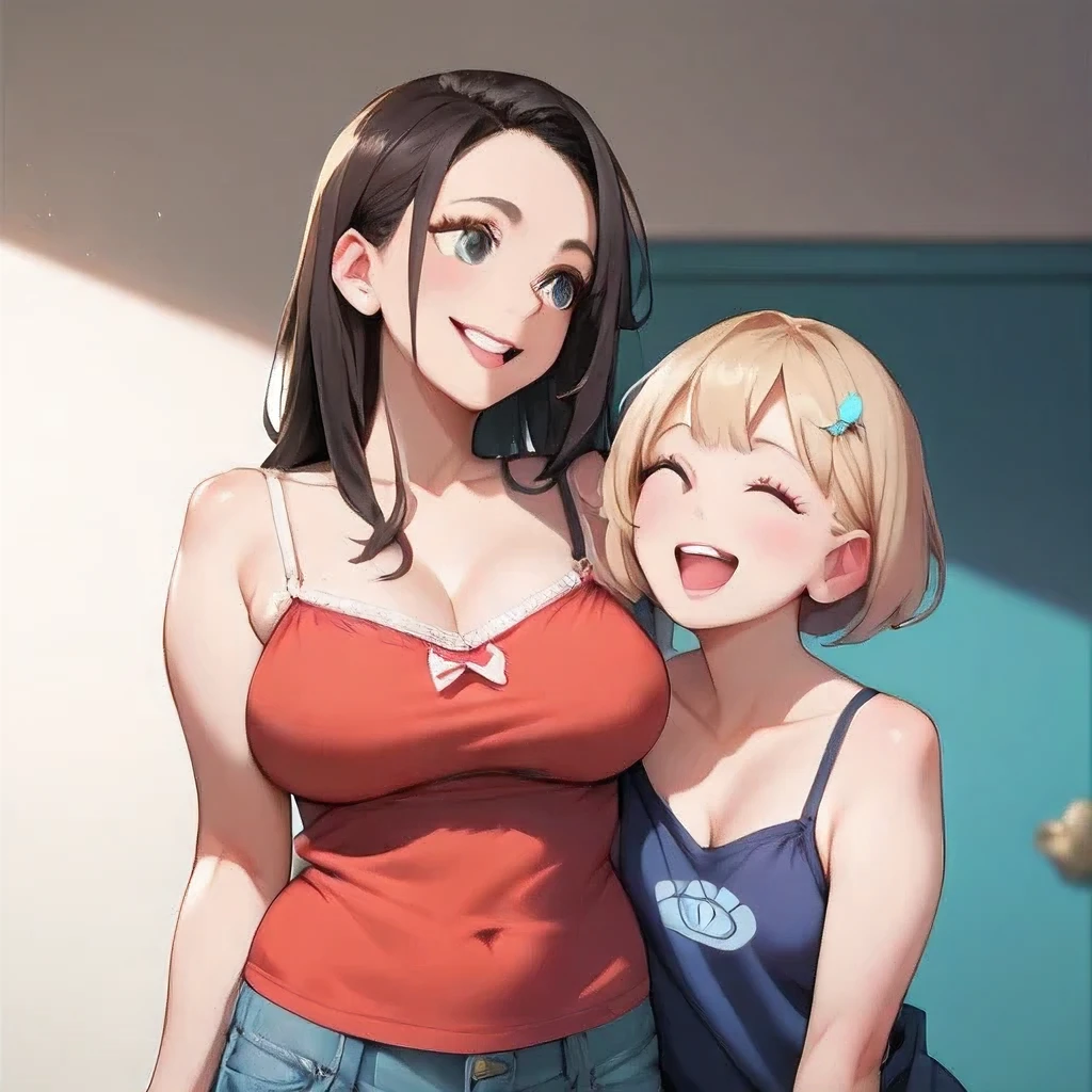 absurd res, masterpiece , realistic , (2girls),looking forward, side by side, laugh, (chubby:0.3), (large breasts:0.9),(camisole, thong),(motorshow),(ray tracing)