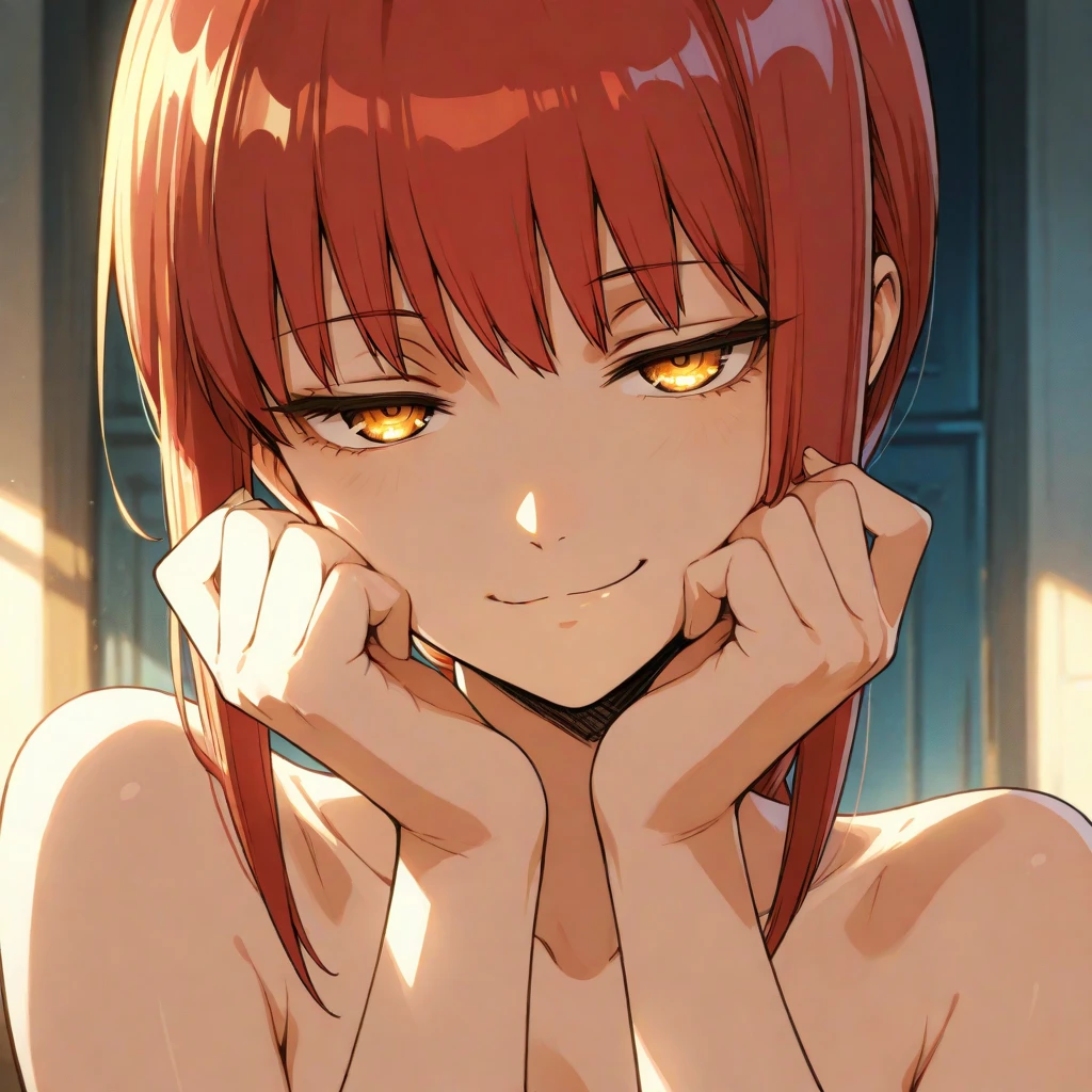 hand \(Chainsaw Man\),, One Girl, only, sit, Redhead, Long braided hair, Golden Eyes,, Mid-chest, topless, perfect nipple, perfect navel, Perfect collarbone, (Black pants),detail thigs, (just:1.2), look up , (close up:1.3), , Upper Body, Highest quality, Glowing Skin, Highest quality, High resolution, ,