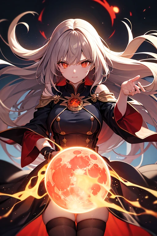 Elf woman in red magician's outfit, witch hat, Eye patch for one eye, witch's wand, Witch magic wand, whole body