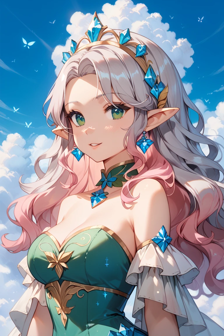 a woman in a green dress with pink wings standing in a river, a beautiful fantasy empress, anime goddess, ((a beautiful fantasy empress)), goddess of nature, beautiful goddess, mystical atlantean valkyrie, fantasy beautiful, of beautiful angel, goddess of beauty, goddess of summer, beautiful adult fairy queen, vibrant fantasy style, majestic wings, xianxia fantasy, detailed face, detailed eyes, detailed hands