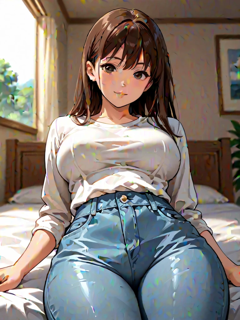 ((Perfect anatomy:1.2,Realistic:1.3,RAW photo:1.3,Masterpiece,Top quality,Ultra - High resolution,High resolution,Very detailed CG,8K)),Cowboy shot,1 woman,Alone,18 year old beauty,Japanese,((Beautiful and detailed face and eyes:1.2,Big beautiful eyes:1.2)),Dark brown hair,Long hair,Fringe,Medium chest,Slender body,Small head:1.5,Skinny,(Brown skin:1.4),(Oily skin,Shiny skin,Shiny skin,Sweat),((Extra large light_gray sweat shirt,Denim tight mini skirt)),(White socks,Black loafer shoes),Sitting on the sofa with knees up, legs spread,looking comfortable,On the train,Tokyo,