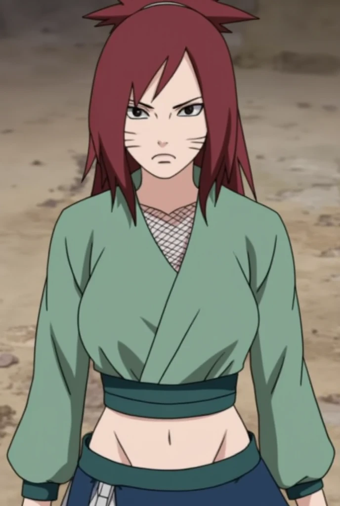 , Naruto anime style, with long reddish-brown hair partially tied and intense eyes, filled with restrained anger. She wears a baby green blouse with long sleeves and a fitted neckline with an apparent mesh on the belly, combined with a short blue-green skirt and bands on the legs. Subtle battle marks cover her skin. Her firm posture and sharp gaze reveal that she is a renegade ninja — marked by pain, determined and dangerous.