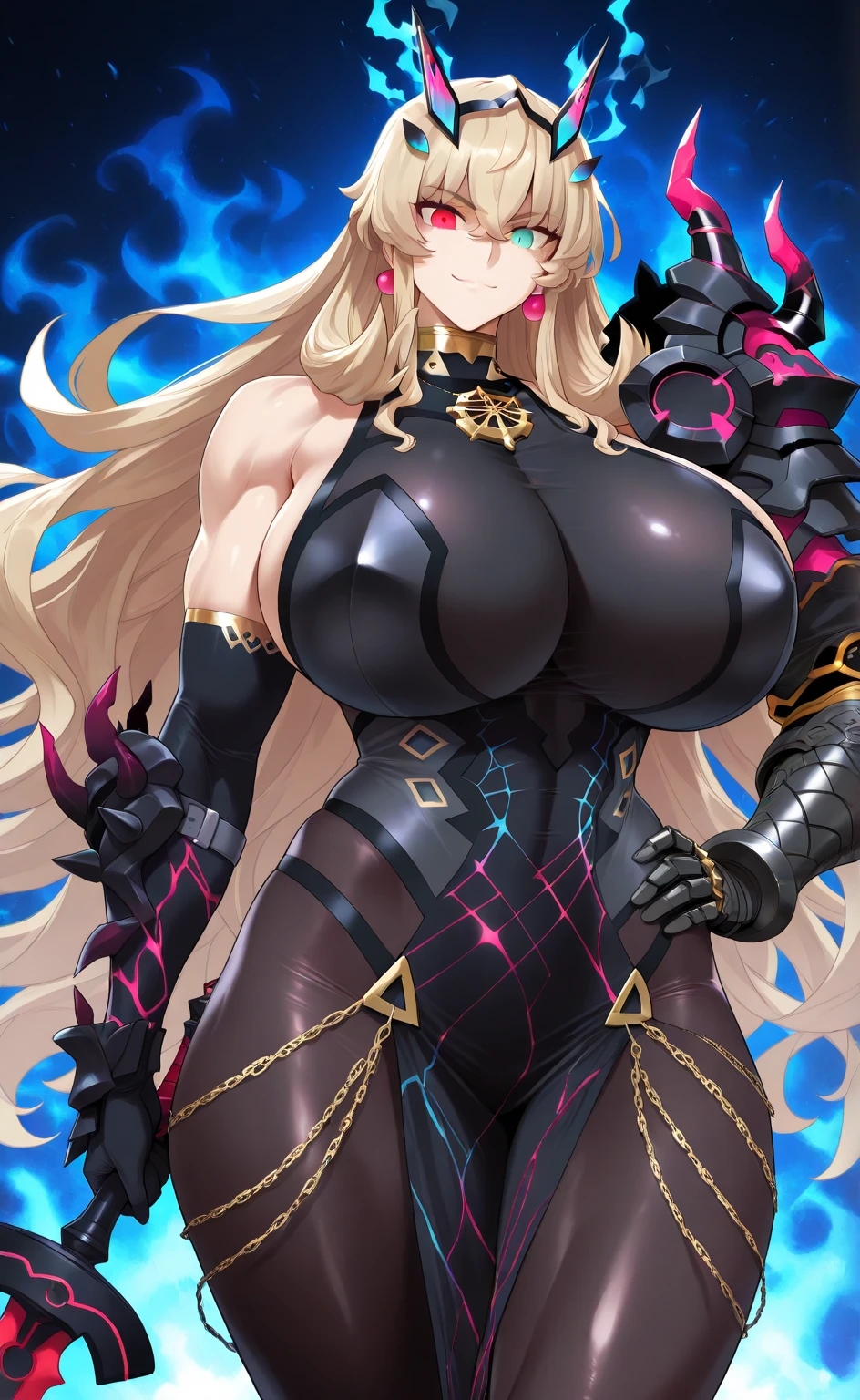 1 girl、Blonde、Long Hair、Fantasy、Holy Goddess、Black clothing、Complicated costumes、Gold decoration、(Aggressive design)、Sleeves that cling to the arms、Bigger breasts、Expose、Shameless、Provocative、Fan、Lust、Estrus、lure、smile、Redness、((sexual excitement))、Red Eyes、Devil horns、bed、Lying on your back、