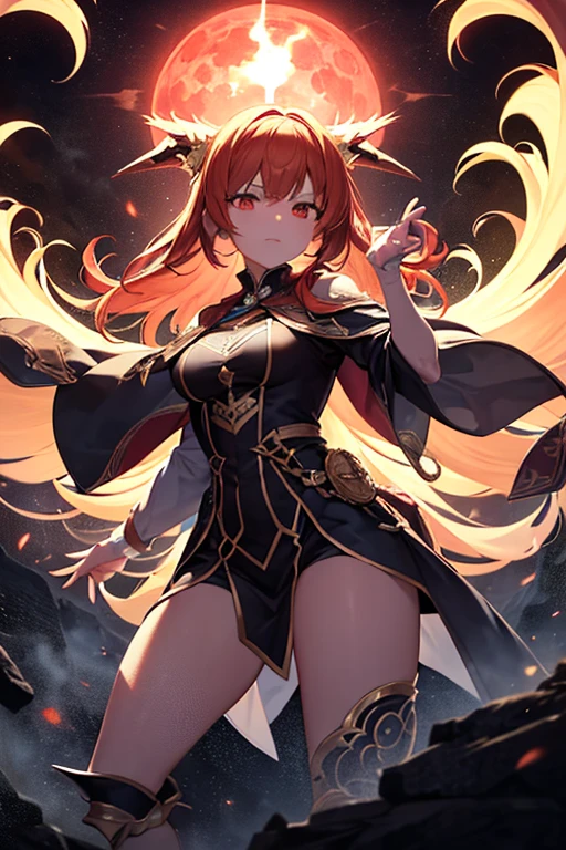 Chica zorra, poca ropa, ropajes con detalles de oro, egipcia, orejas de anubis, ojos rojos, mirando al espectador, con los brazos elevados, piel morena, cola de zorro, alta defincion en el detalle, cabello muy largo, cabello colpe rojo, fondo desertico, incada, cuerpo completo, ojos rasgados, sexy, semi vestida, tatuajes dorados, arete en el ombligo, anubis