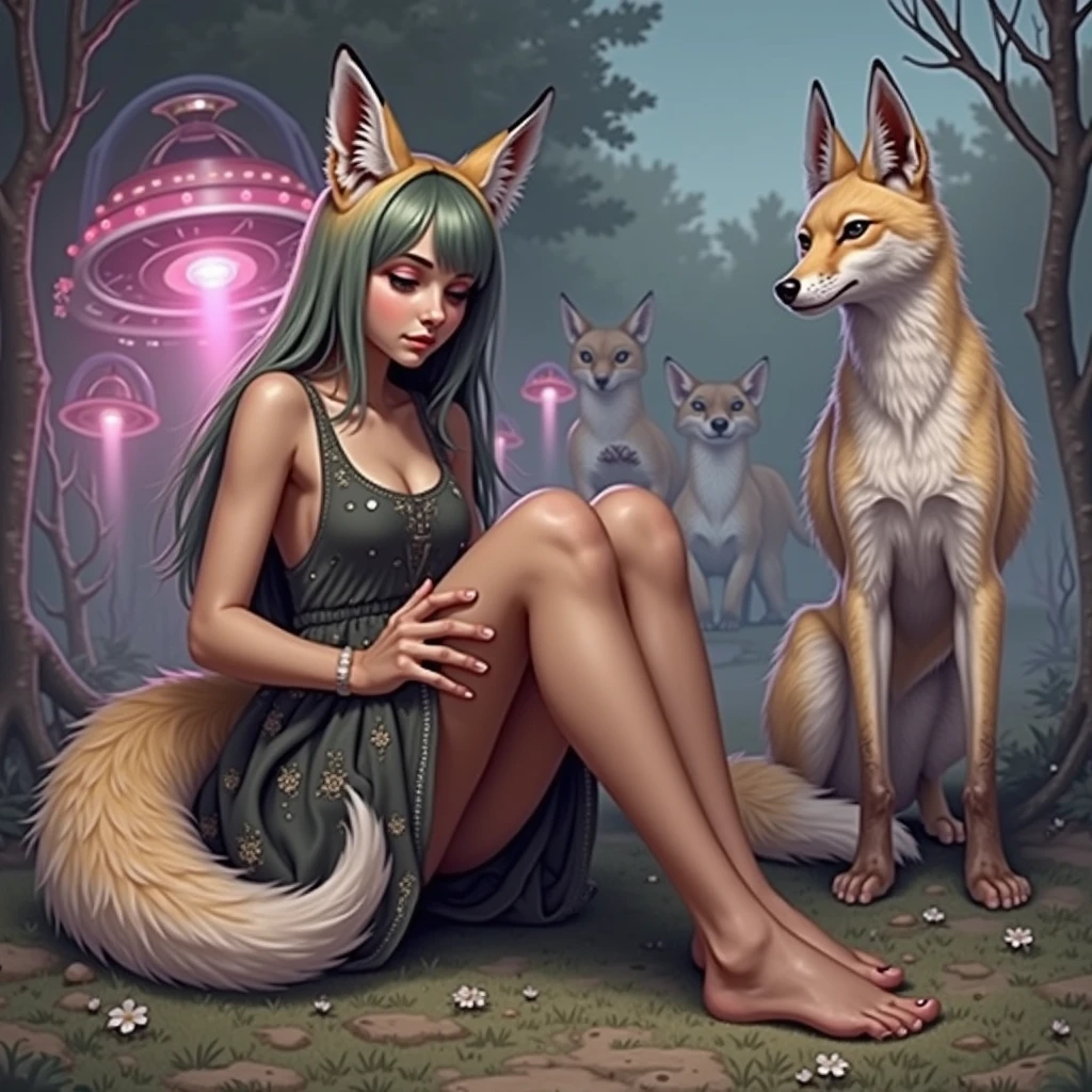 ((masterpiece)), (forest), gumiho, kitsune, ((squirrel)), monochrome, (supernatural), dark, (magical), mythic, blue atmosphere, serene, ((aura)), light particles