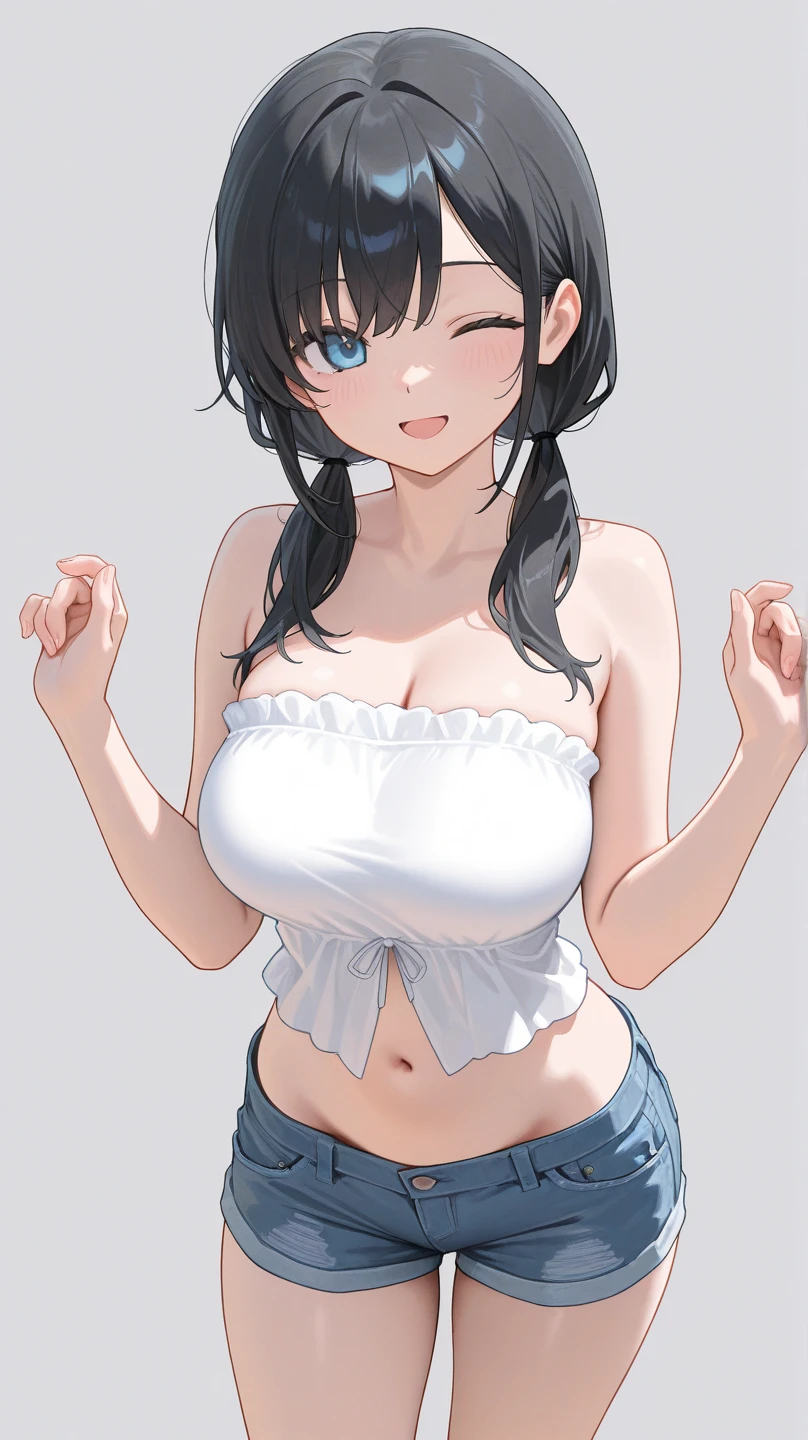 ​masterpiece, top-quality,, 独奏 、 s lips,、ssmile,simple background:1.5、Camisole、frilld、cowboy  shot、Colossal tits、embarrassed、a miniskirt