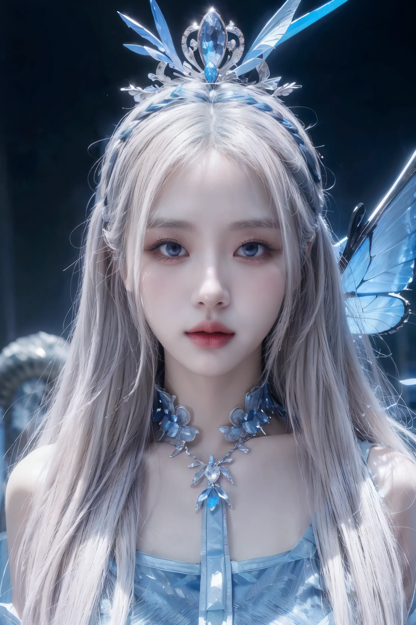 8k, full body, magical, white hair coulor, ager,blue eyes, anime, female, longhairs, fantacy,dark tone, glowing blue butterfly, beautiful, blur behide, divine , deity, dark blue, chinese dress, goddess, fantacy land, deity land, god land, angle, dream,crystal, soul land, beautiful aura, full of power, gorgeous, dusts,dark blue long dress, long hand cover dress, slayer, crystal wings, royal, chinese ancient style.