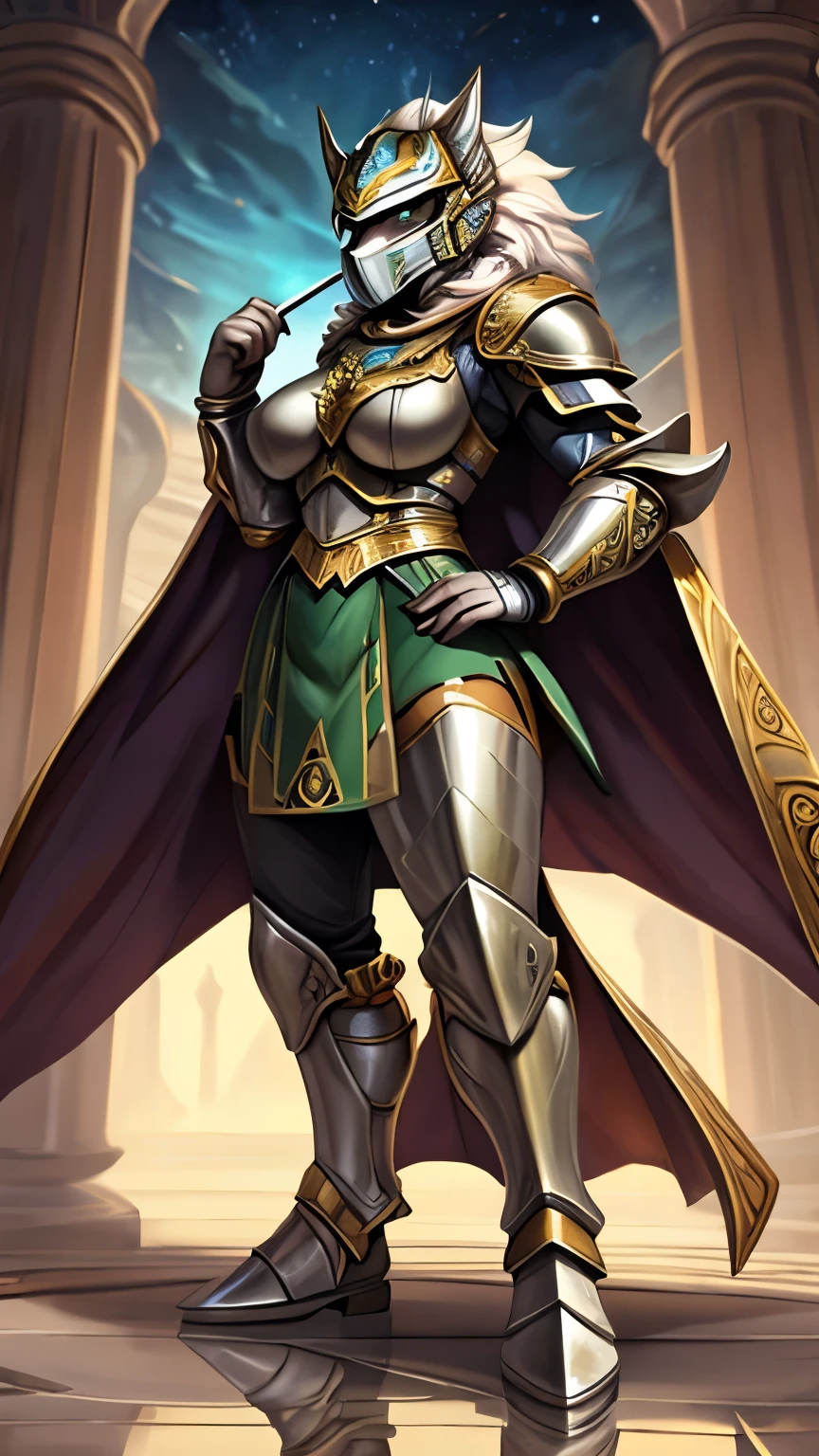 A powerful armored female warrior standing in a heroic front-facing pose, her body athletic and hourglass-shaped, fully covered in ornate silver armor with intricate gold accents. Her armor design is elegant and curved, inspired by celestial and high-fantasy aesthetics. Her legs are completely armored with silver, form-fitting greaves and articulated armor pants — no skirt, only a structured layered overskirt as part of the armor design. She wears a rich emerald green velvet cape with silver-feathered trim flowing behind her. Her helmet is sleek and ceremonial, with glowing green visors and a green-tinted respirator mask. From each side of the helmet emerge two large hair bows, tied symmetrically, made from her long nekorade hair. Her gauntlets are sharp and ornate, and in her hand she holds a bladed tambourine — a deadly circular weapon lined with jagged edges. She stands confidently, legs slightly apart, arms lowered but ready, as if leading a divine army. The lighting gleams off her polished silver armor. The background is soft and mystical, drawing full focus to her imposing form. --v 5 --ar 16:9 --style raw --full body --front view --heroic pose --fantasy armor --high detail --no exposed skin --green accents --female warrior