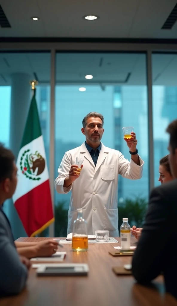 Five old doctors in lab coats, one standing on a dentist's chair and several broken chairs with ten girls in bikinis around them jumping with beers in their hands on a building terrace in the city of La Paz with the Illimani hill in the background