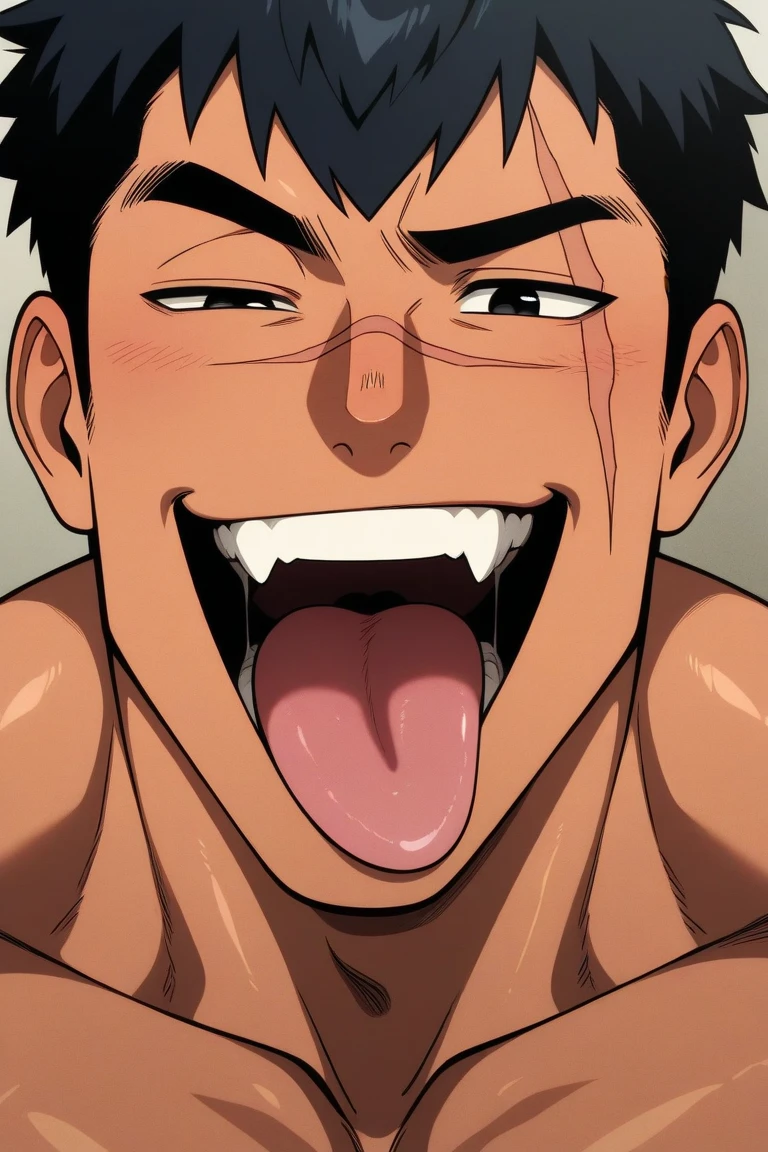 anime, anime風, High resolution, masterpiece, accurate, Ultra high definition, male, muscle, Sticking out tongue, Simple Background, accessories, Very detailed, Black Hair, The fangs are sharp,