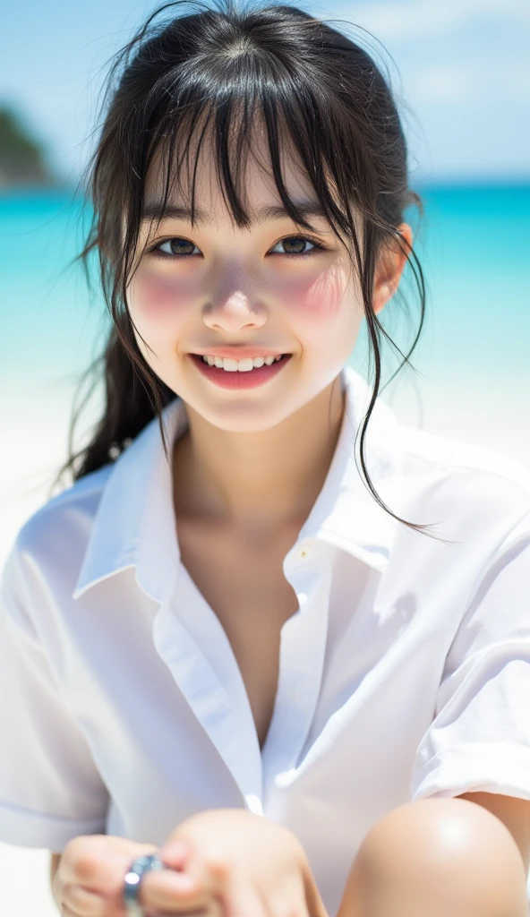 ((masterpiece))), (One beautiful Japan girl, classmates, Neat and innocent,((cute hairstyle black hair :1.4)) ,超A high resolution, Realistic, ultra-detailliert, 8K,top-quality, Extremely detailed, Detailed background,A slender,very beautiful japanese girl, Detailed face:1.3), , (a baby face,Cute,adorable girl),masutepiece, High resolution, Bursting smile,Show your beautiful teeth,facing the front there,Eyes are double, high-level image quality, High quality、Detailed background、early evening、The fresh air after the rain、Rain-soaked hair、White shirt wet in the rain,4 fingers, 1 thumb、Detailed female face、Dark blue pleated miniskirt,beautiful thigh,cute and attractive pose、Cheeks shining in the setting sun,softfocus , bright and gentle light , lensflare ,Dreamy , Wet in the rain, clothes that cling to one's body、(Black bra shows through)、(((Beautiful water background、basking in the bright sunset))),Clear air