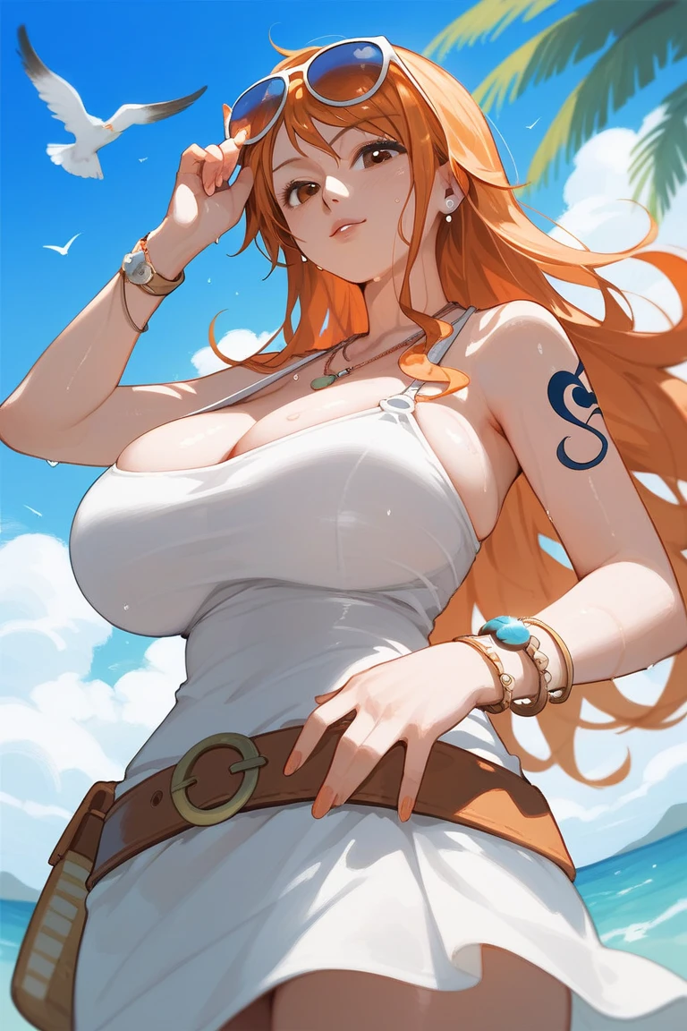 masterpiece, best quality, Kushina, sweater, long sleeves, mini panties, long stocking, looking at viewer, forest, serious, cowboy shot, quiet arms, 1girl ,realistic , (long hair:1.1), (fake huge breast:1.2), (Big Breast W Cup)