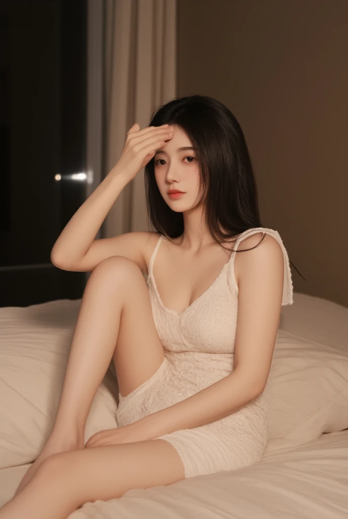 very detail eyes，Very delicate face，very beautiful women，Best quality at best，Super meticulous（Photorealsitic），Very delicate and beautiful legs，Beautiful black eyes，Wearing a black silk lace nightdress，Lying in bed，Pose