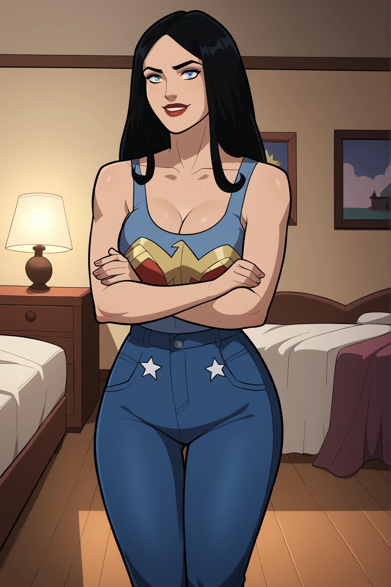 safe_pos, score_9, score_8_up, score_7_up, score_6_up, BREAK, solo, 1girl, wonderwoman, long hair, black hair, blue eyes, large breasts, cleavage, curvy, athletic, smile, happy expression, looking at viewer, wide hips, lipstick, makeup, standing, arms crossed, crossed arms, blue tank top, blue jeans, indoors, bedroom, star print