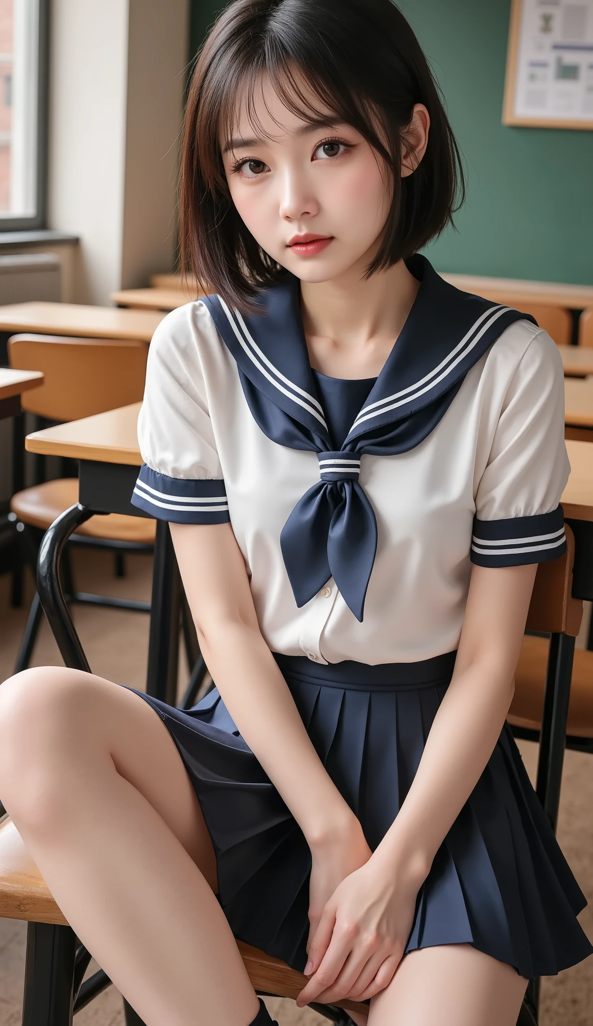 8k,ultra high resolution , best quality, masterpiece,rule of thirds,golden ratio,surreal,pictures, one woman,( girl:1.3),cute,cute顔, Beautiful Eyes in Every Detail , 細かくdetails,mature woman,princess,Full body,black hair,Short layers,ID photo, luxurious and beautiful ,(The famous Japanese idol girl),非常にdetailsな, 美しいlikeいアジア人女性の超写実的なデジタルイラスト, fully visible from head to foot in the frame,elegant makeup,she wears a traditional Japanese high school girl uniform,wearing a white sailor-colored blouse with perfect clarity, knee-length navy blue pleated skirt,appropriate ribbon tie,like々exudes vibrancy and charm. is also wearing navy blue knee-high socks and shiny black shoes, complete a classic school uniform,Miniskirt,Classroom, is sitting, Extend Your Legs, Open legs to the side,Put her at the center of focus. The lighting is soft and even , gentle shadows that add depth and realism. is balanced in the composition , the subject is placed in the center, lets you fully enjoy her outfit and look. The image is rendered in stunning 8K resolution, captures every detail in perfect clarity,(((smile))),High heels, very delicate expression , delicate eye description,healthy body, ((Female 1)), height 160cm ,( thin waist:1.4)、( Beautiful :1.4), pink lips,Profile ,((( ideal figure))),Small A Cup Bust :2, portraits:2、 完璧な解剖学 、鮮明な details、 details,thin lips,Perfect and beautiful face ,完璧でcute顔, Meticulous Skin , perfect limb that wraps around the body,thin waist, surreal,Light and Dark,fashion magazine cover,stage lights